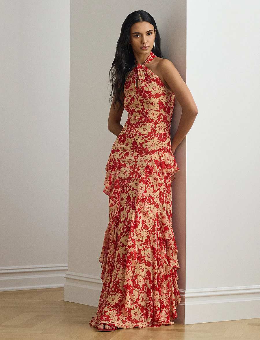 Lauren Ralph Lauren - Floral Ruffle-Trim Georgette Halter Gown - aftonklänningar - red/tan - 3