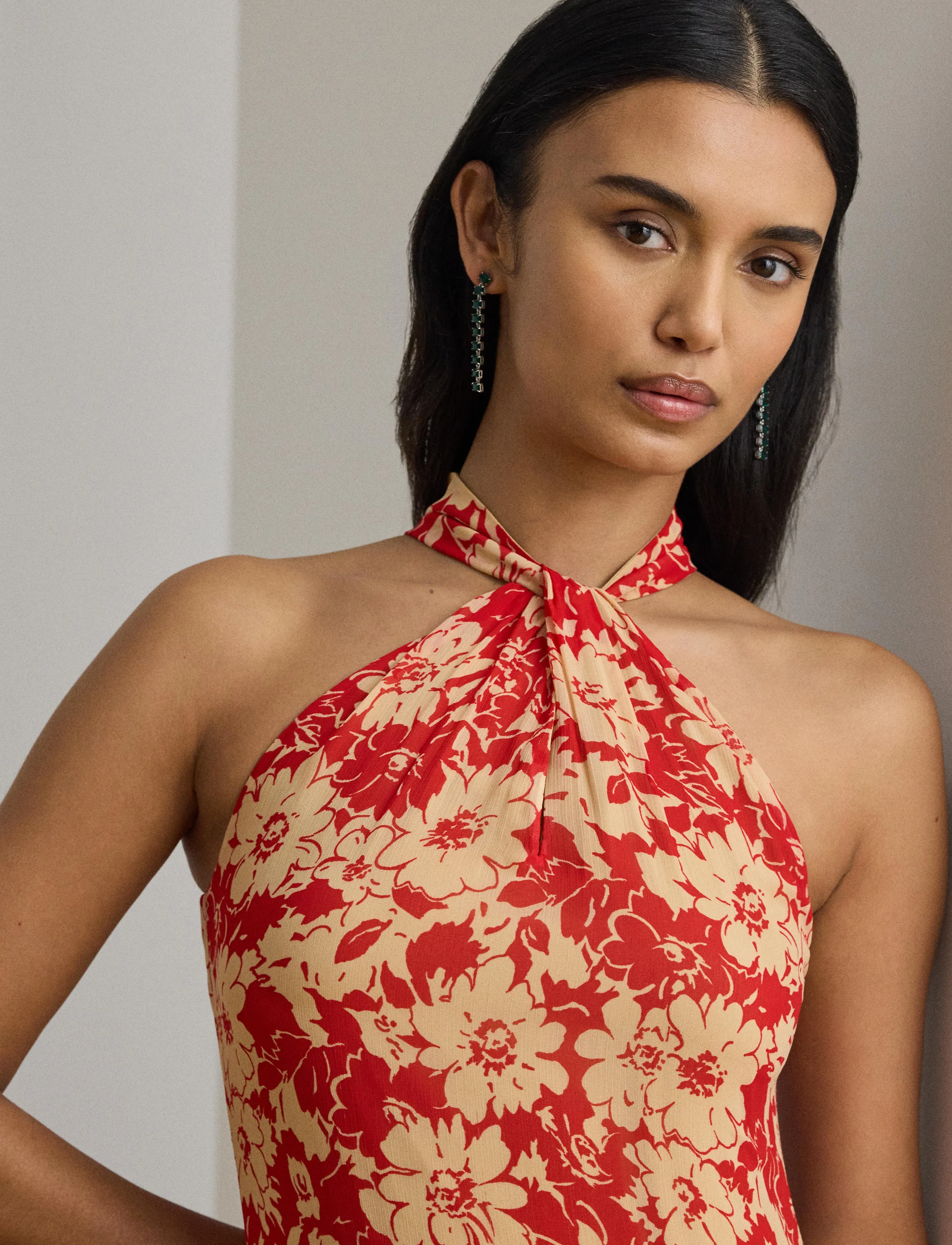 Lauren Ralph Lauren - Floral Ruffle-Trim Georgette Halter Gown - abendkleider - red/tan - 4