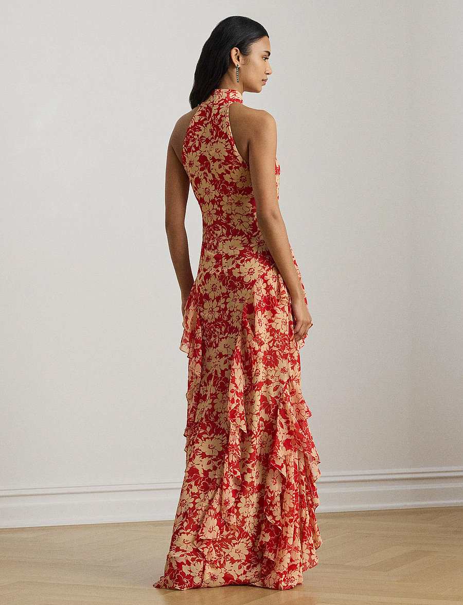 Lauren Ralph Lauren - Floral Ruffle-Trim Georgette Halter Gown - aftonklänningar - red/tan - 5