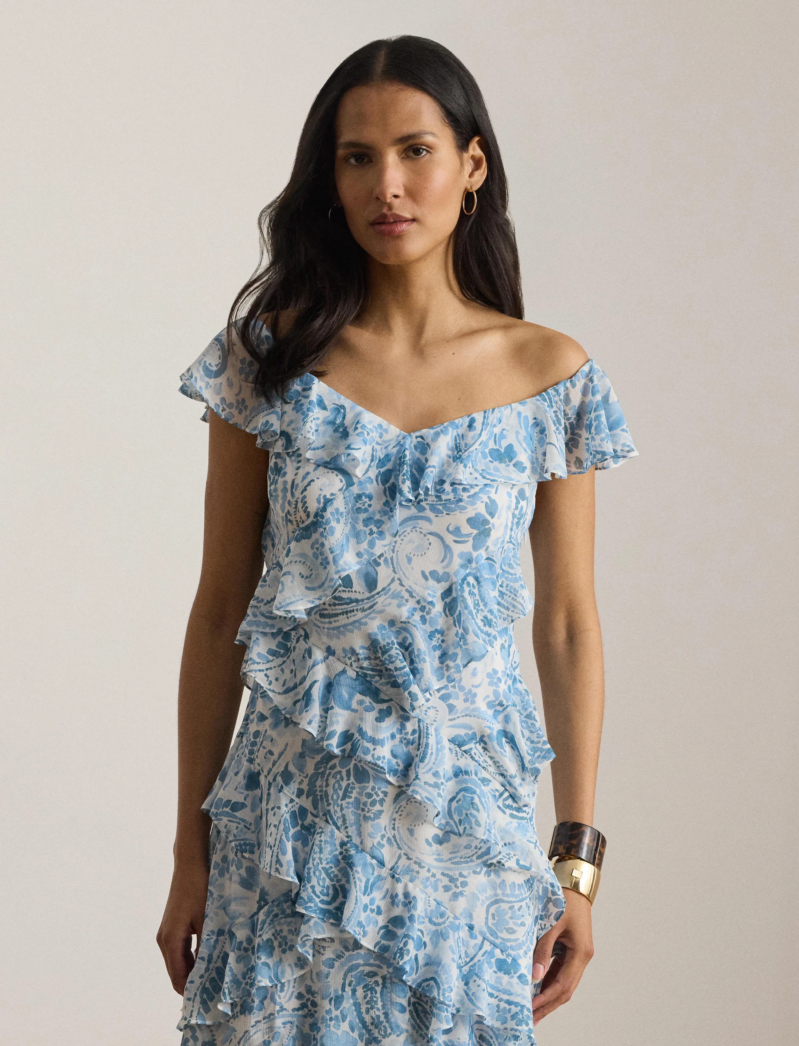Lauren Ralph Lauren Poly Crinkle Ggt 58-Wvn-Dresses, Kvinder, Off-Shoulder Flæsekjole, Blå, Str: 44