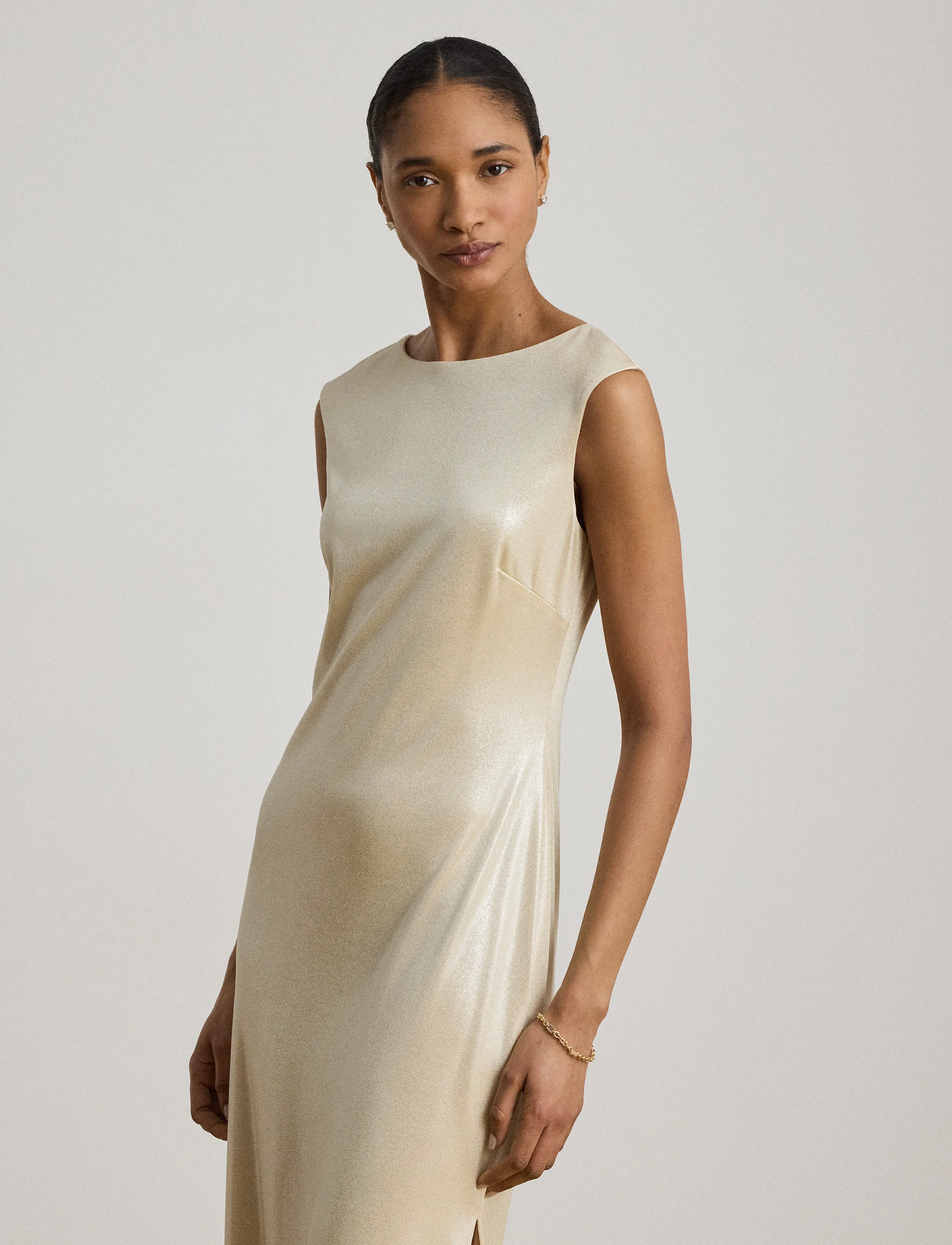 Lauren Ralph Lauren - Metallic Jersey Boatneck Gown - champagne/silver - 4