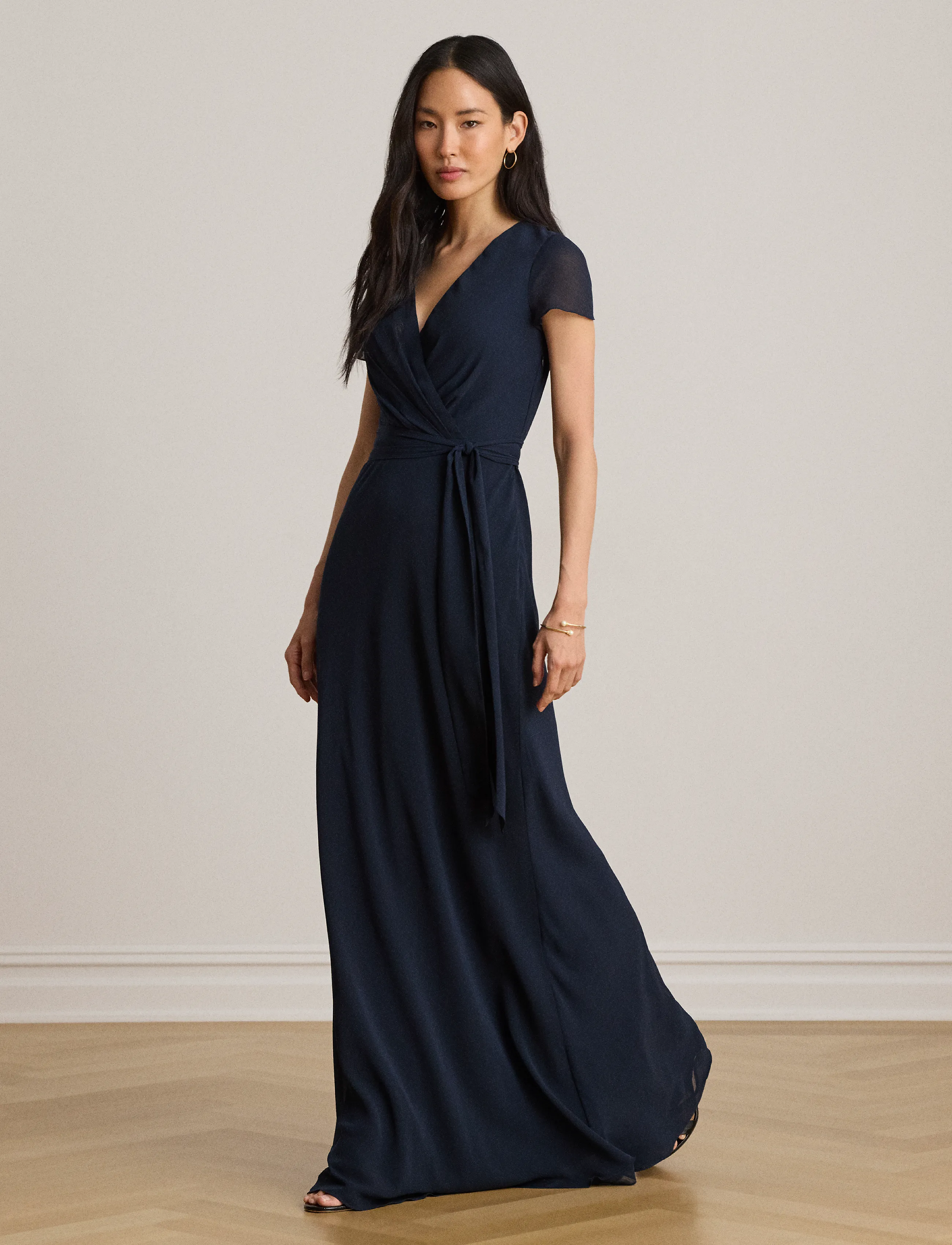 Lauren Ralph Lauren Belted Crinkle Georgette Gown - Ralph Lauren - LAUREN NAVY / navy
