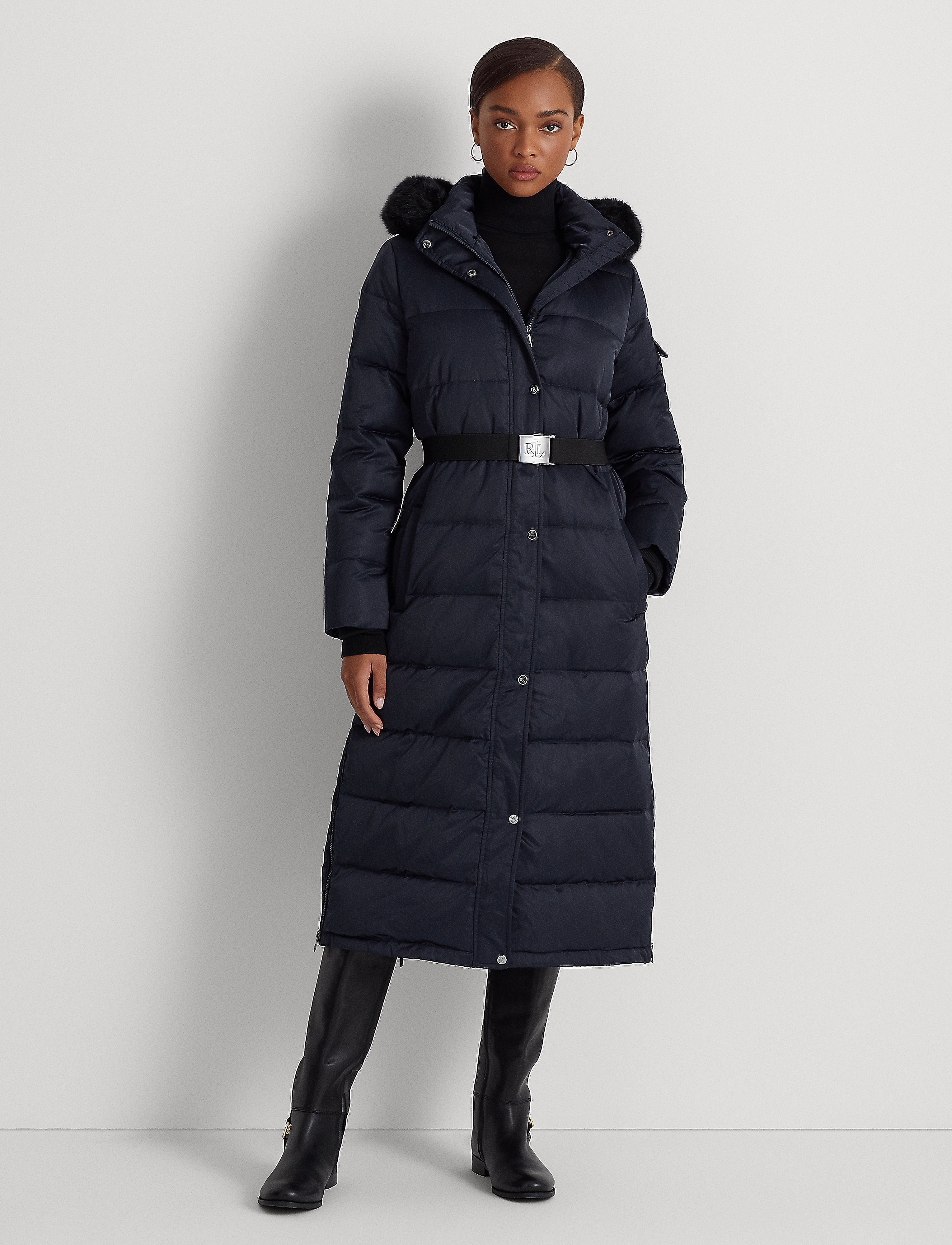 Lauren Ralph Lauren - Belted Satin Maxi Down Coat - dk navy - 4