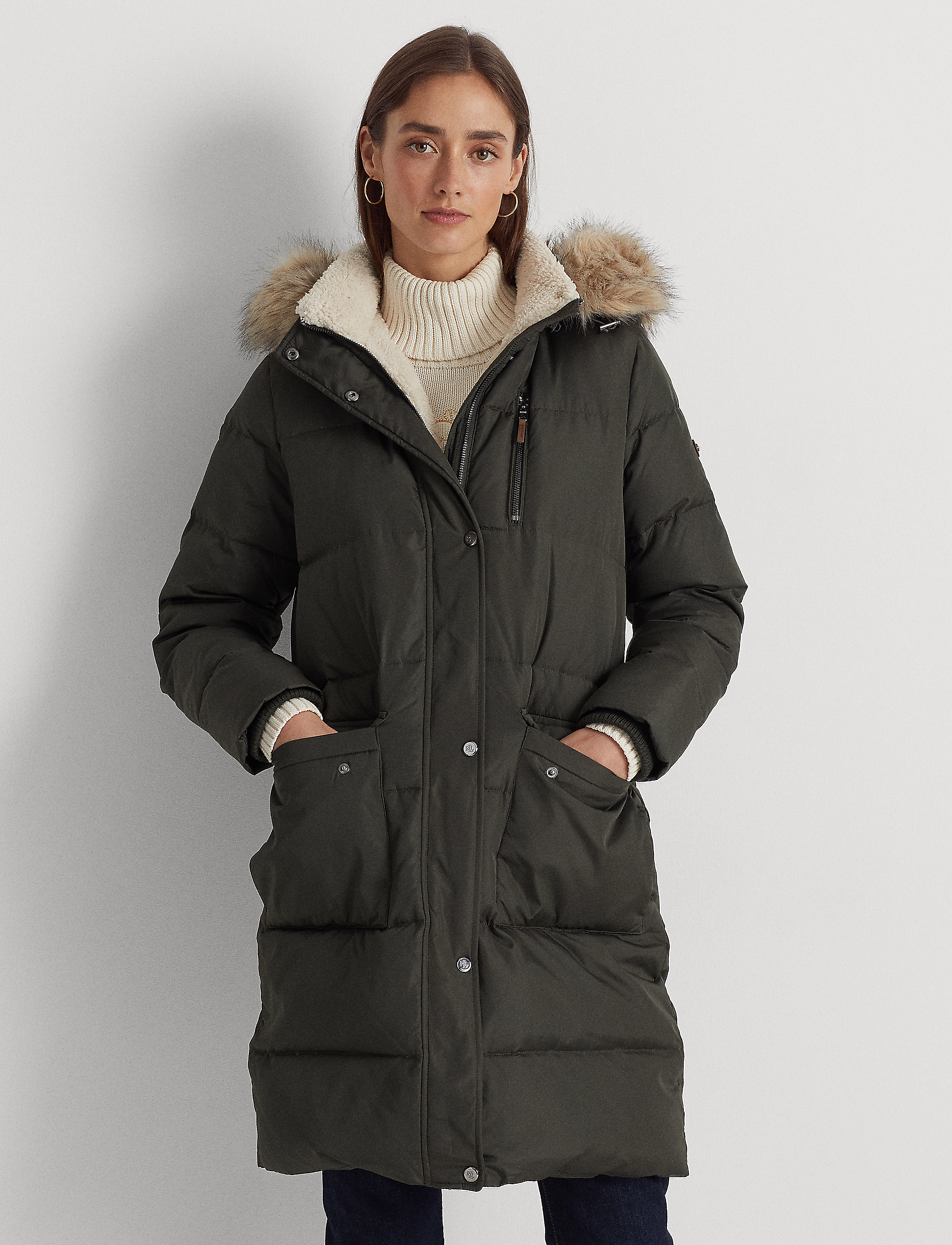 Lauren Ralph Lauren - Faux Fur-Trim Hooded Down Coat - dark moss - 2