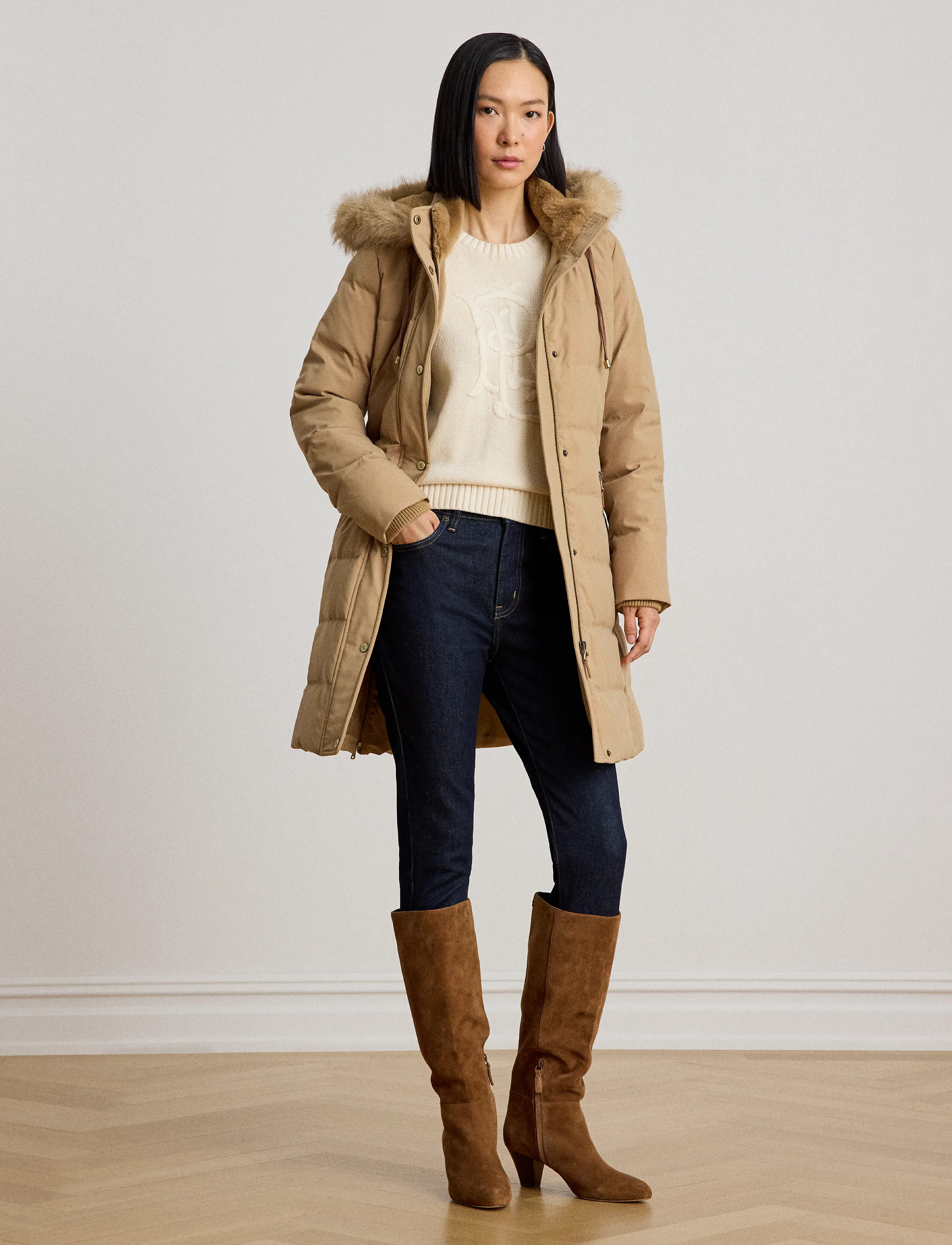 Lauren Ralph Lauren Dunjacka med huva och konstpälskant - Kläder - CLASSIC CAMEL / beige
