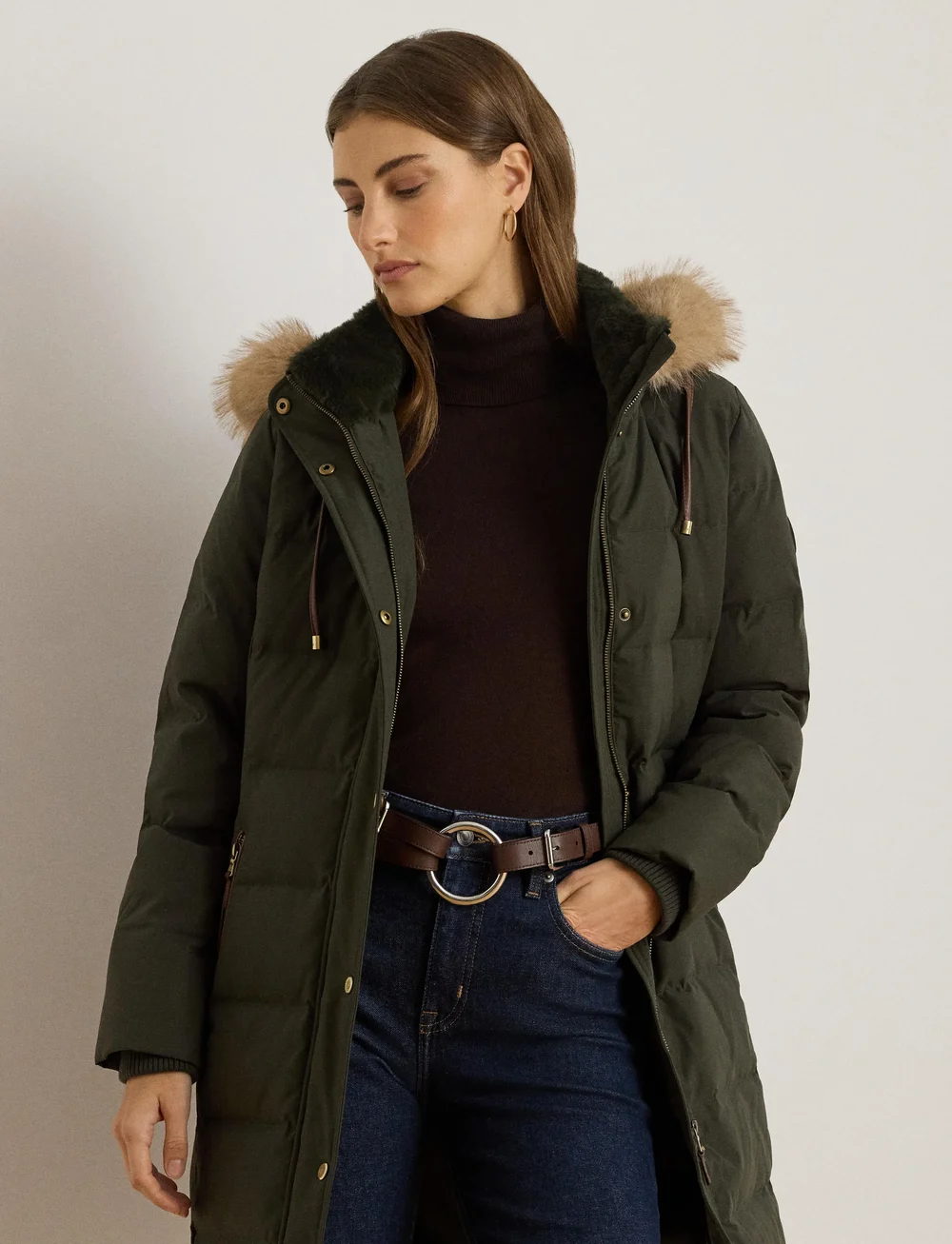 Lauren Ralph Lauren - Faux-Fur-Trim Hooded Down Coat - uldfrakker - litchfield loden - 0