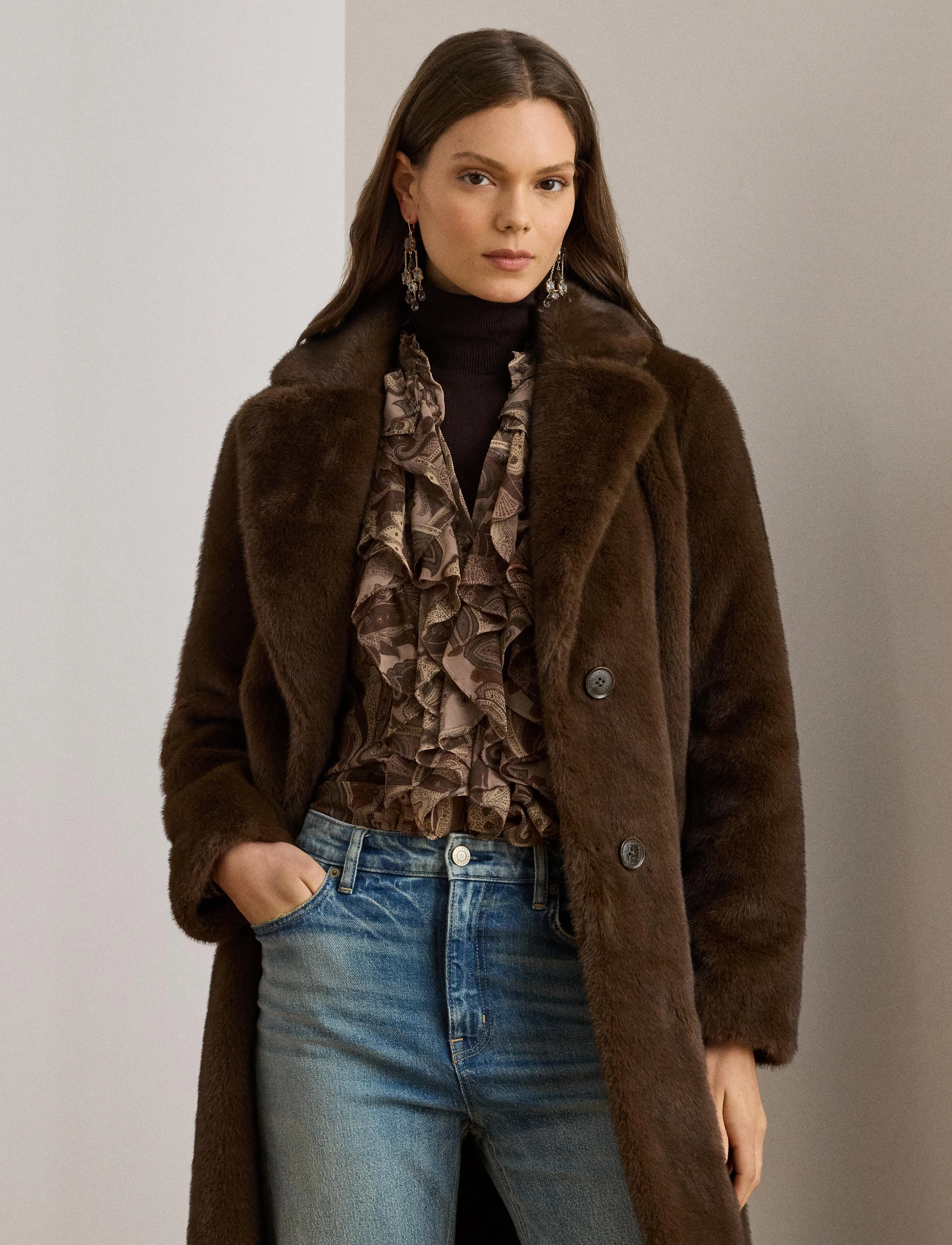 Lauren Ralph Lauren Faux-Fur Coat, XL, Brown, Overtøj > Imiteret Pels, Dame