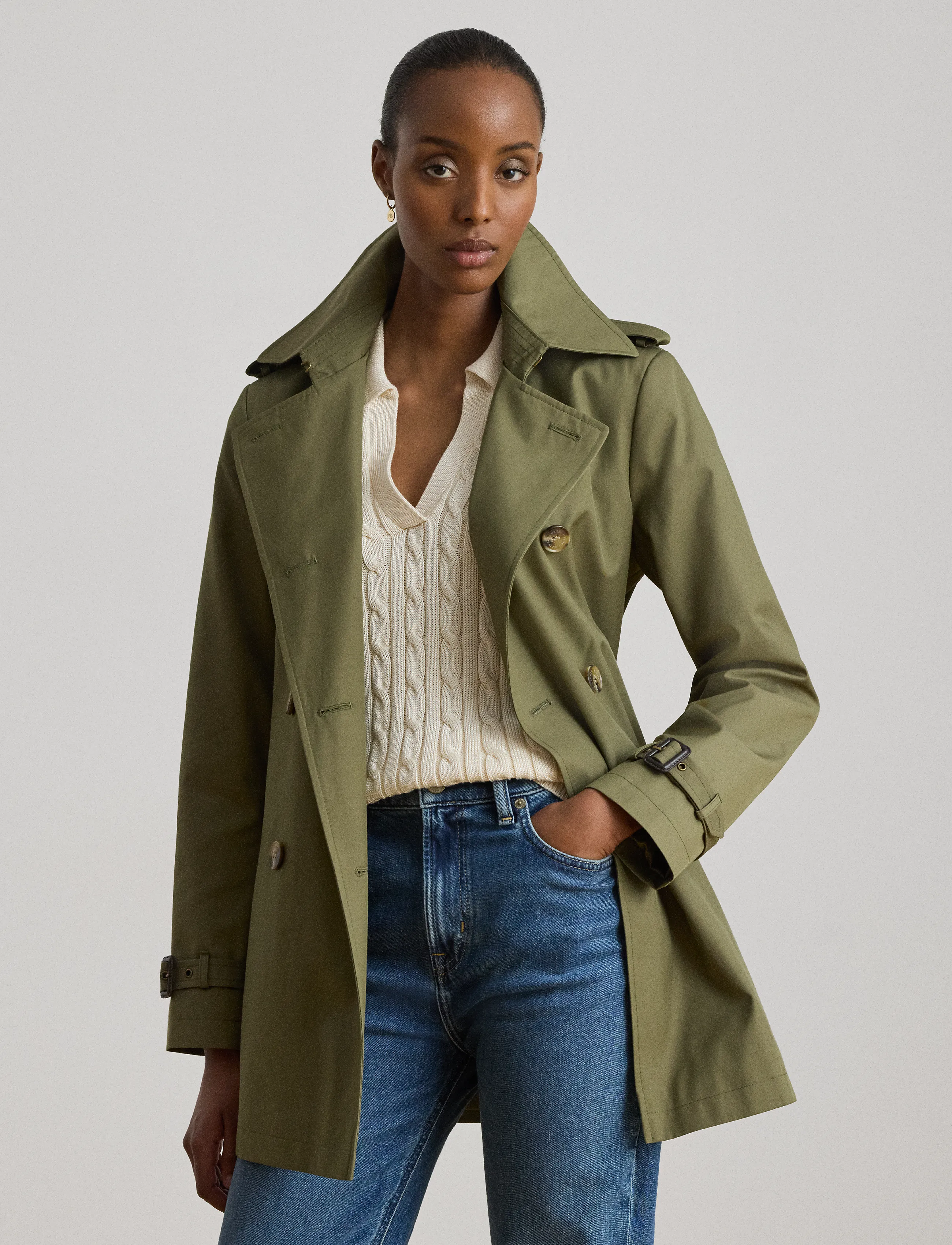 Lauren Ralph Double-Breasted Cotton-Blend Trench Coat, XS, Coats, Khakigrün - Frauen
