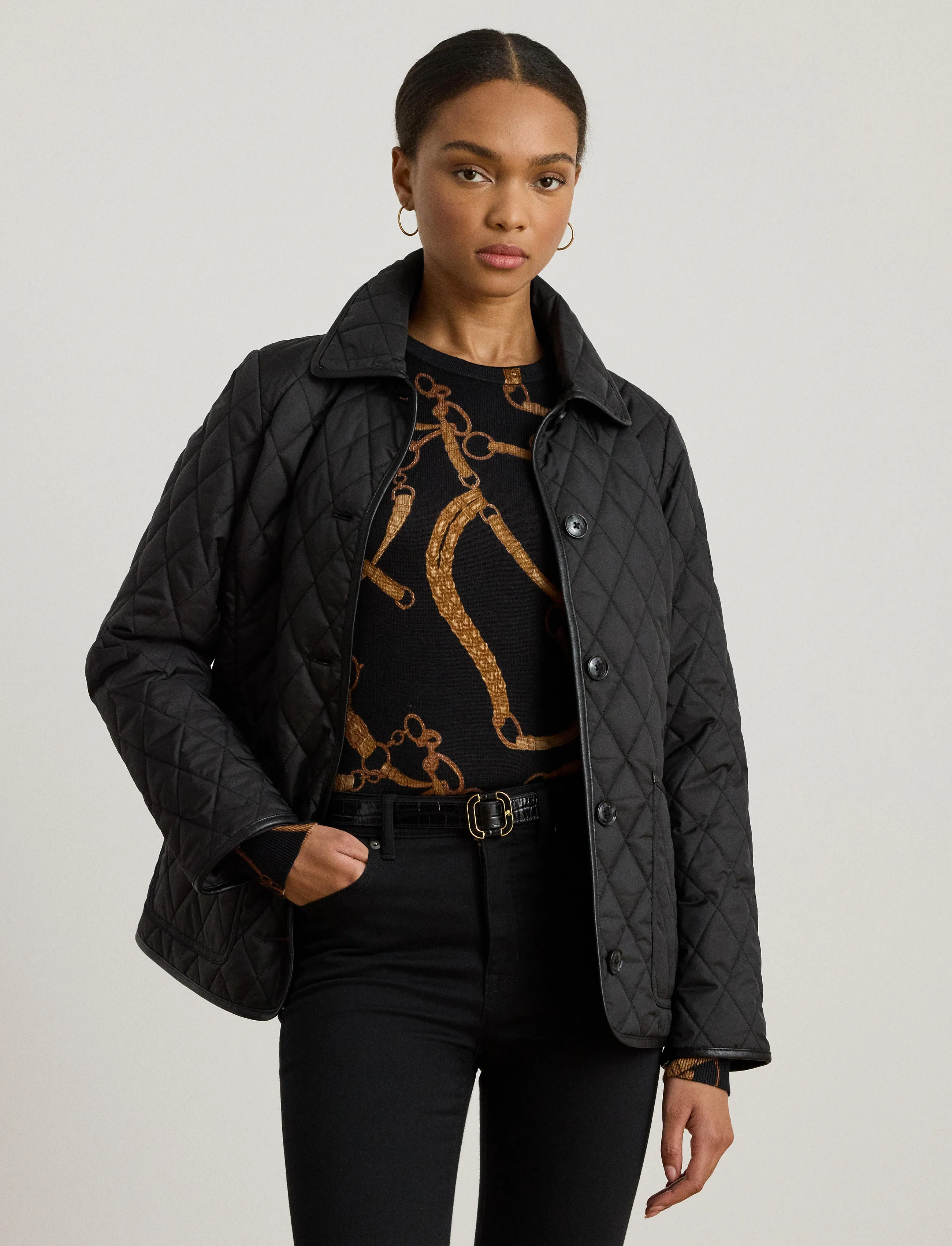 Lauren Ralph Lauren - Faux-Leather-Trim Diamond-Quilted Jacket - black - 3