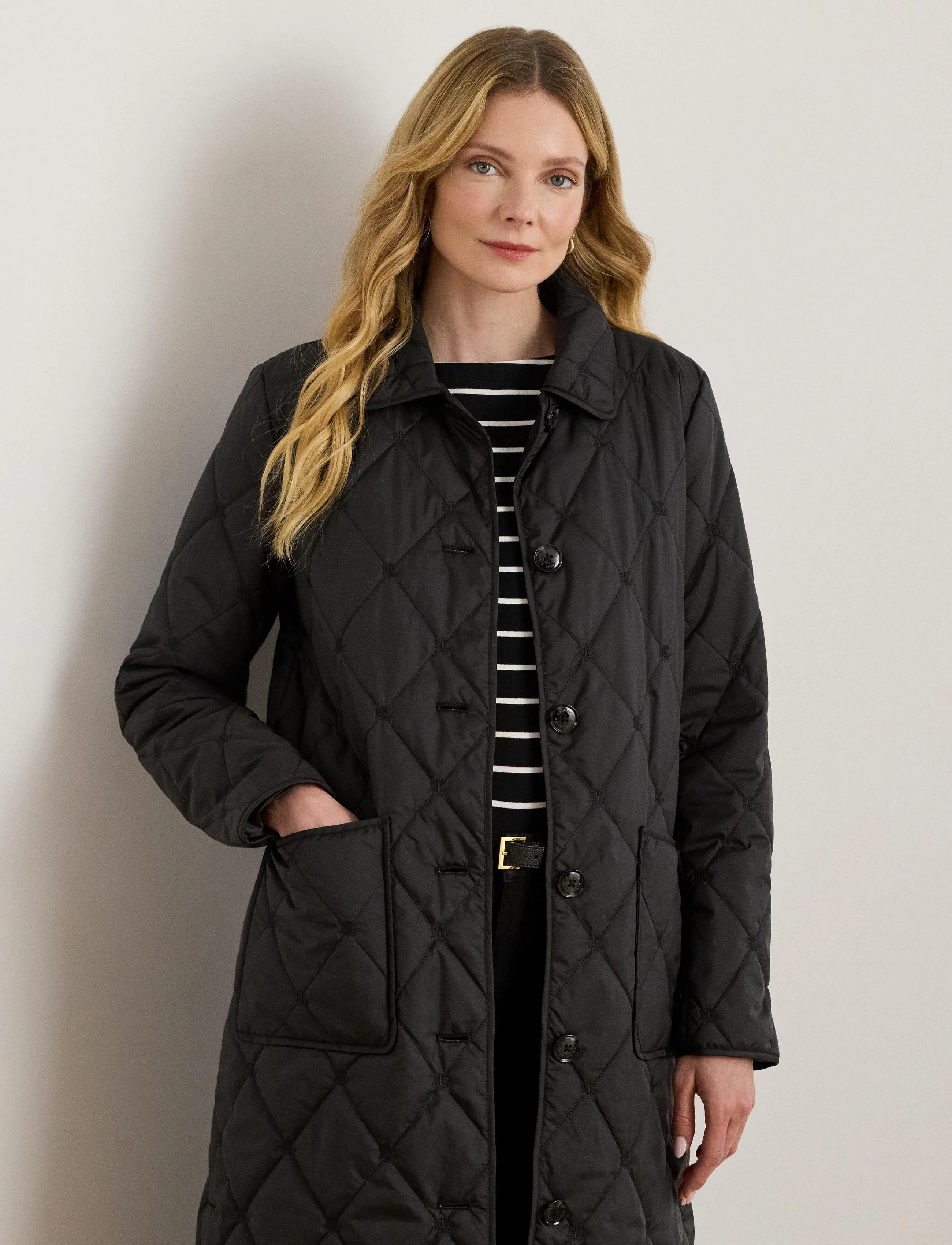 Lauren Ralph Lauren Logo Quilted Down Long Coat - Mäntel - BLACK / black