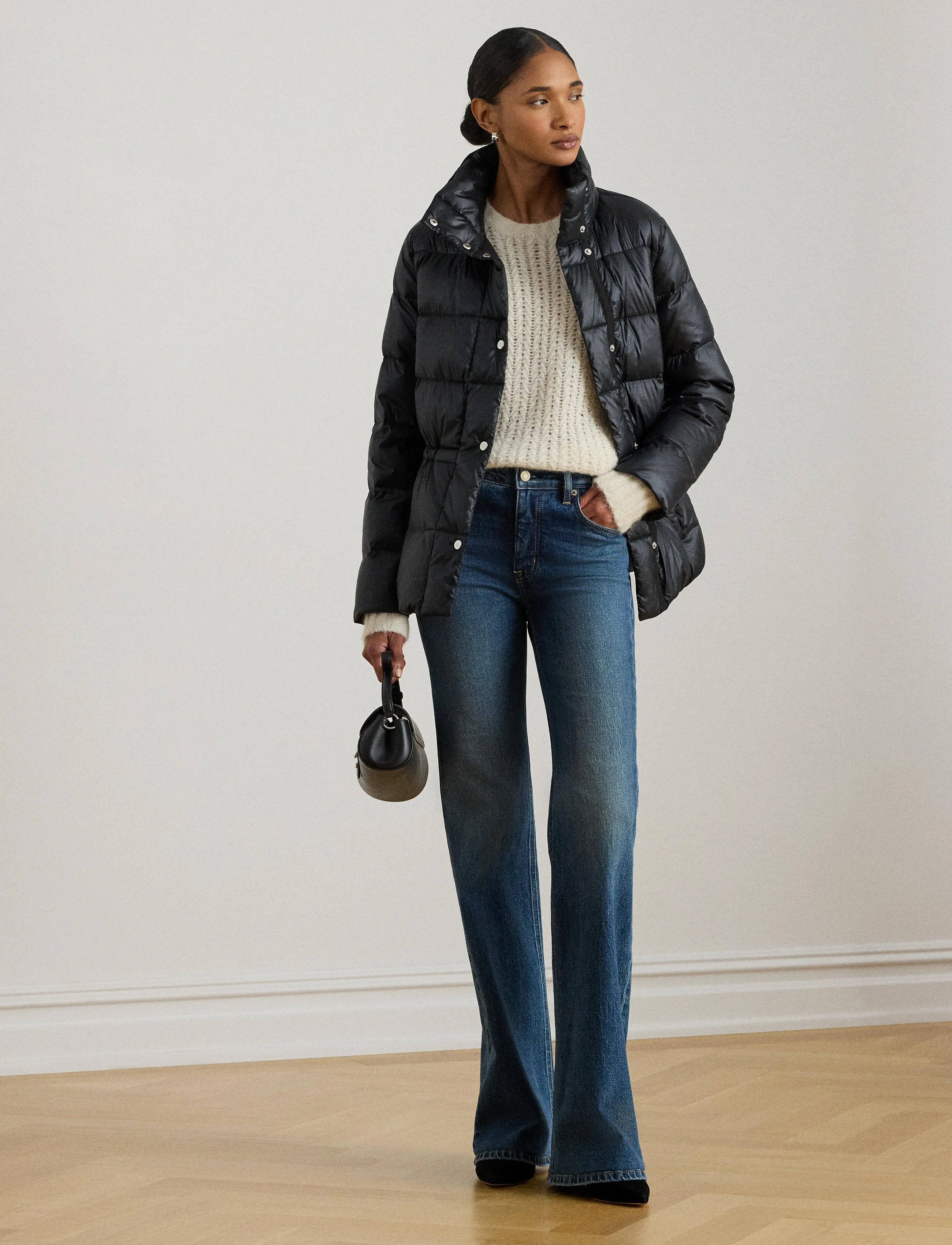 Lauren Ralph Metallic Quilted Funnelneck Down Coat, L, Jackets, Schwarz - Padded Jacket, Frauen
