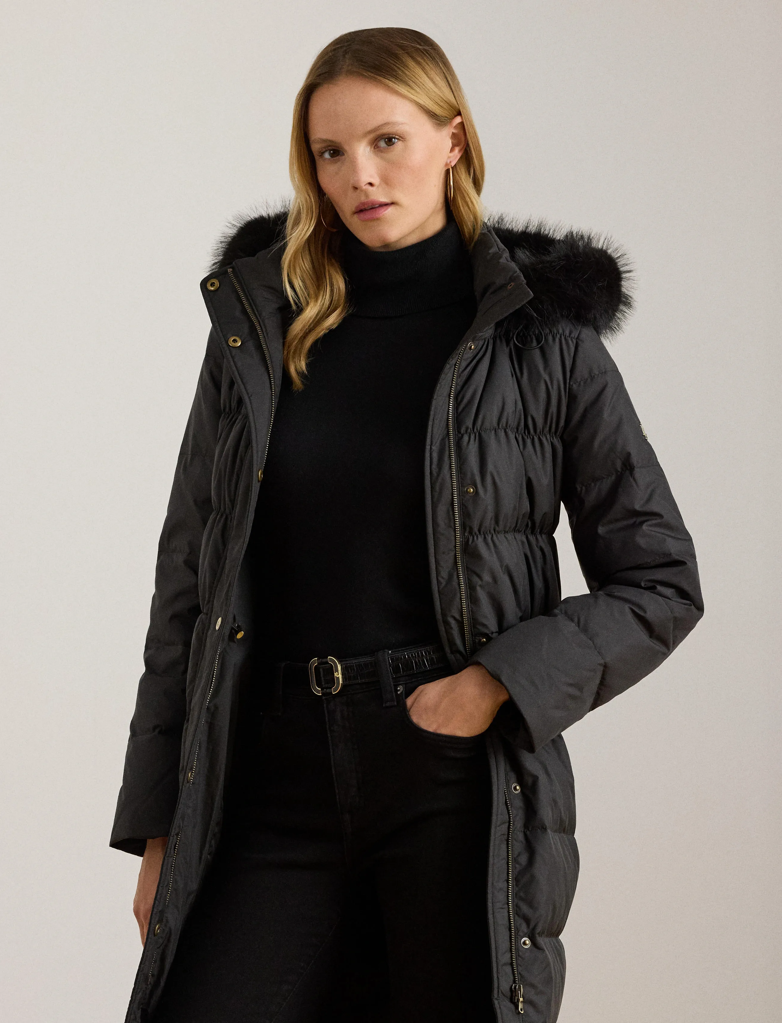 Lauren Ralph Faux-Fur-Trim Hooded Down Coat, XS, Coats, Schwarz - Padded Frauen