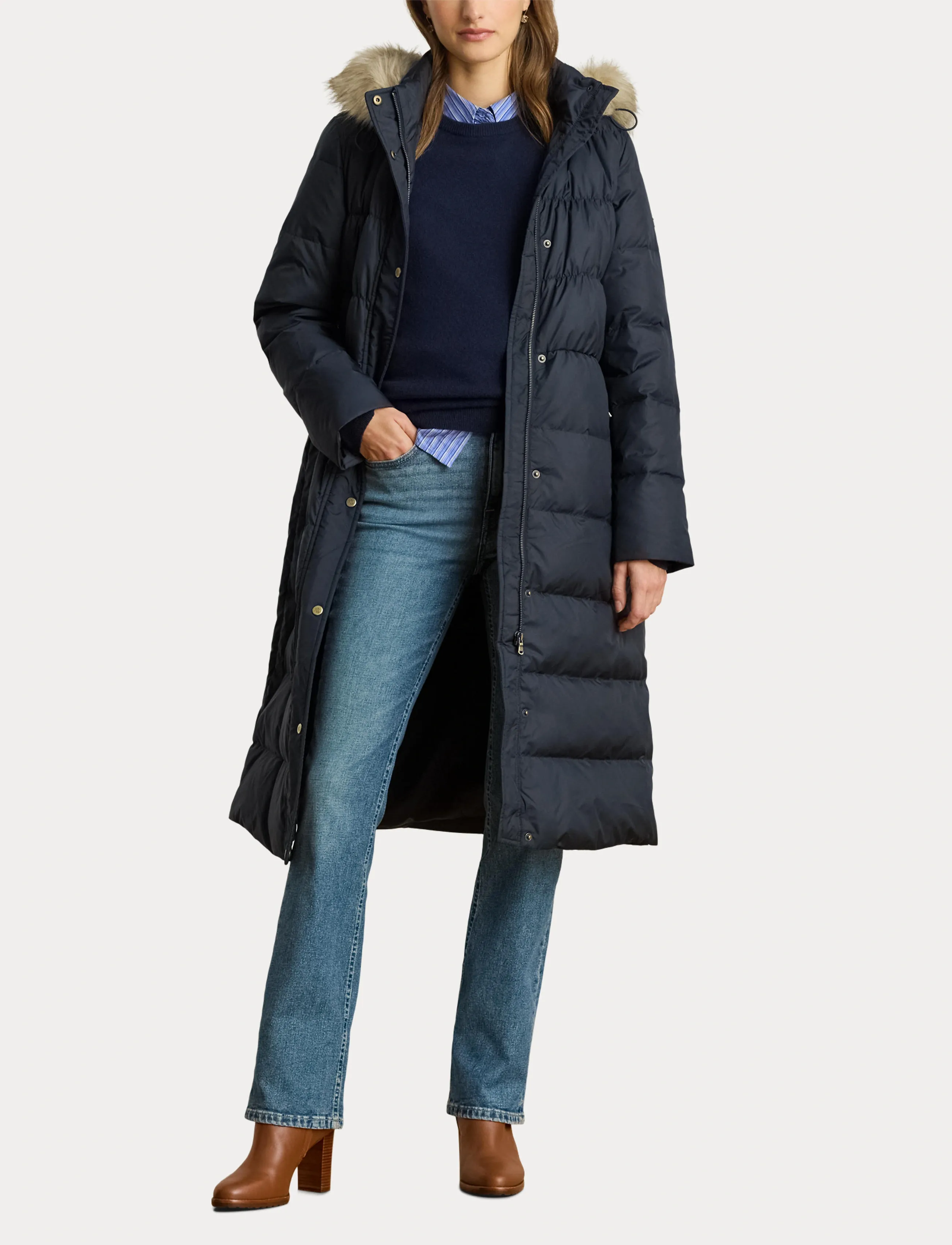 Lauren Ralph Lauren - Faux-Fur-Trim Hooded Down Coat - vinterjakker - dk navy - 4