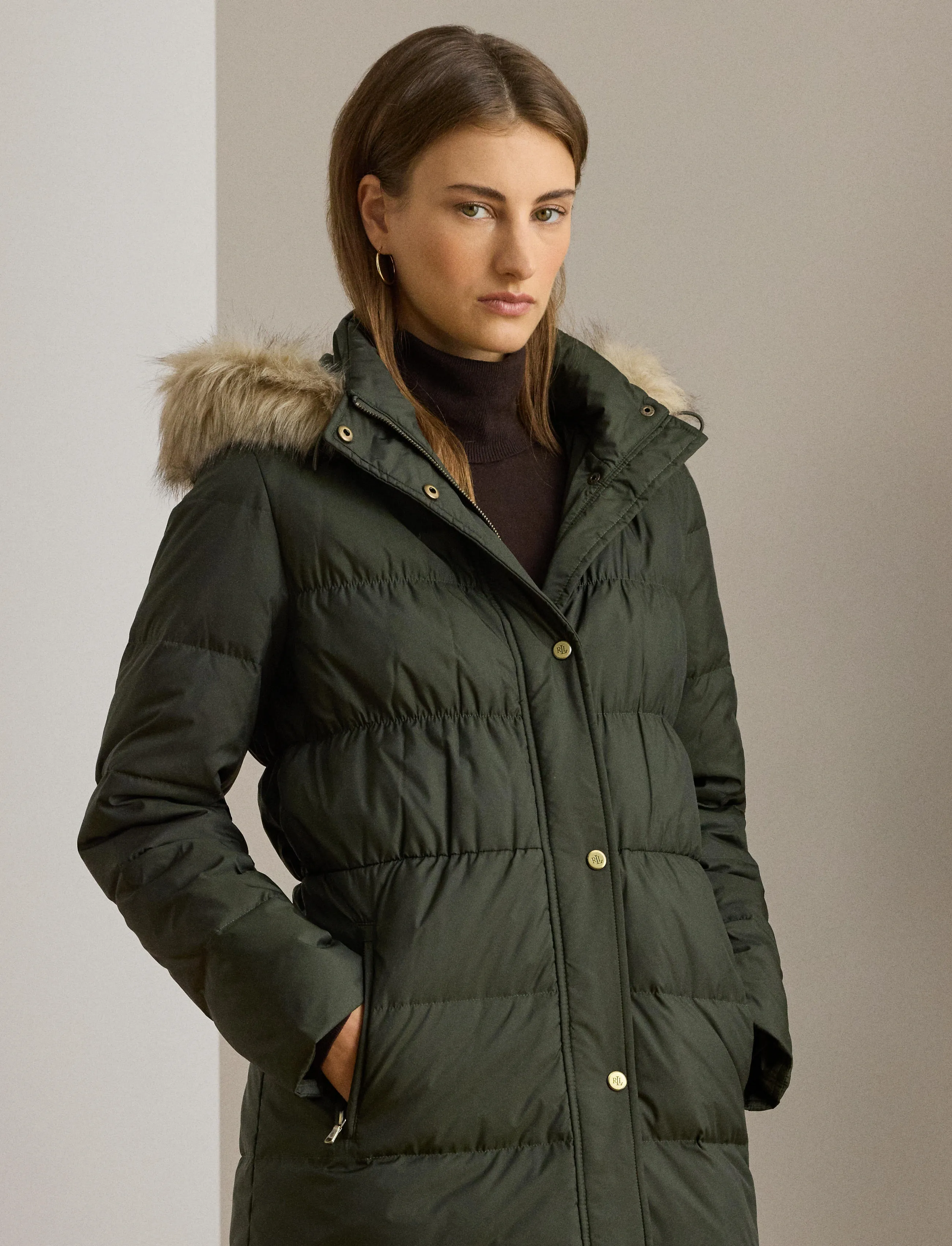 Lauren Ralph Lauren Faux-Fur-Trim Hooded Down Coat - Jakker & Frakker - LITCHFIELD LODEN / khaki/green