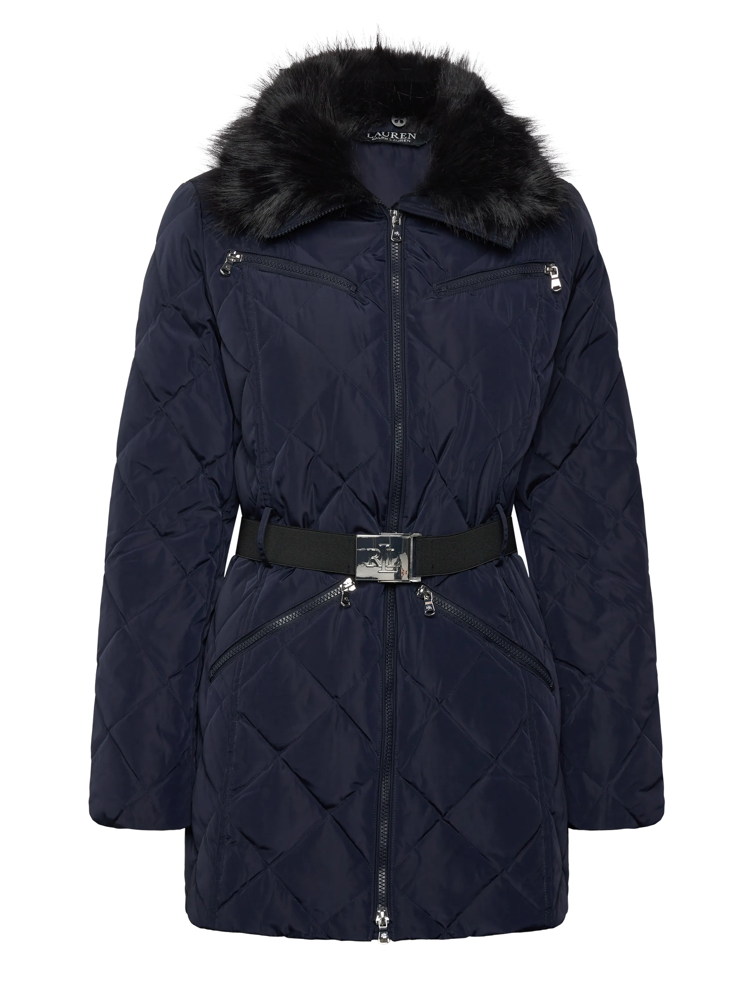 Faux-Fur-Trim Diamond-Quilted Down Coat - DK NAVY