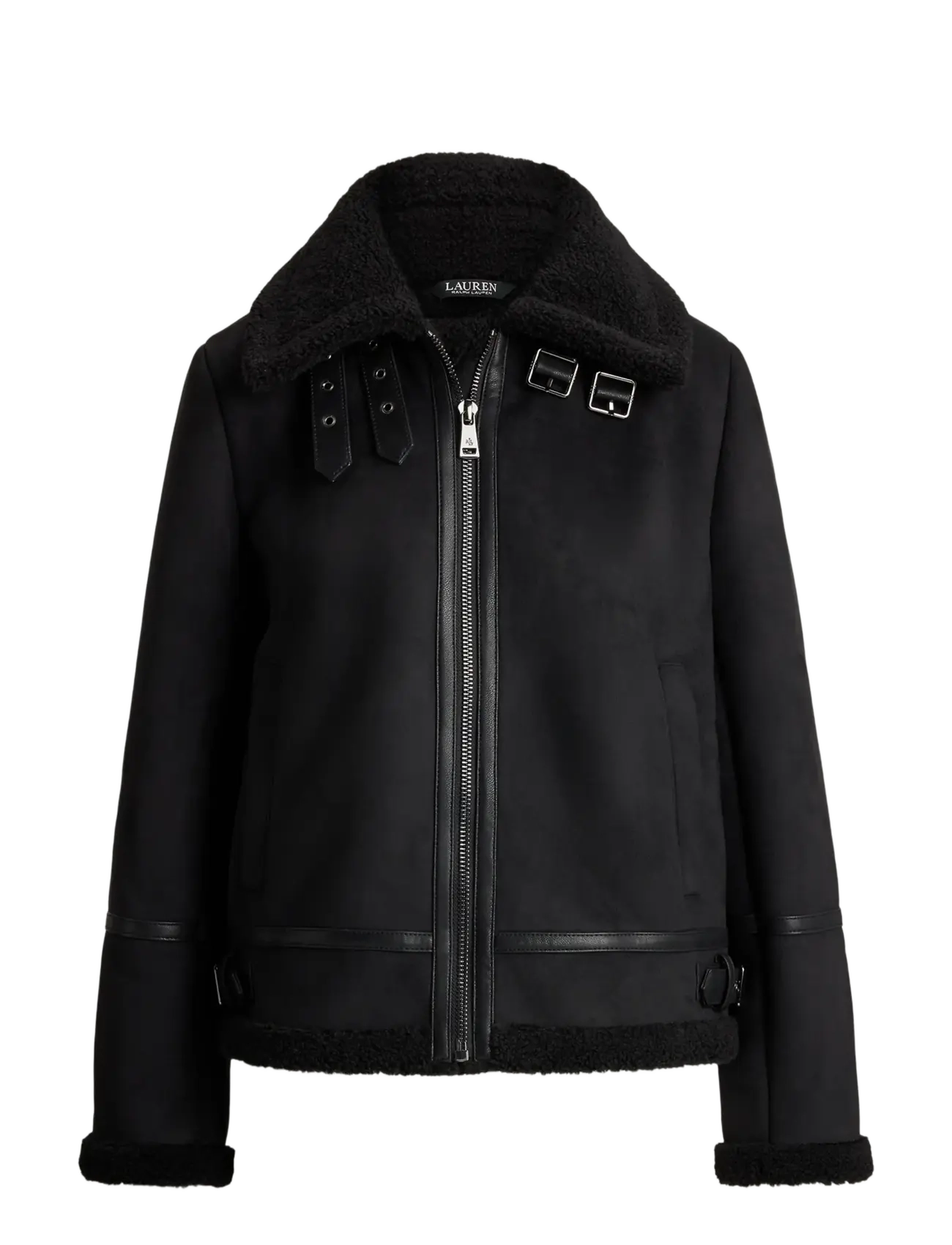 Buckle-Trim Faux-Suede Jacket - BLACK