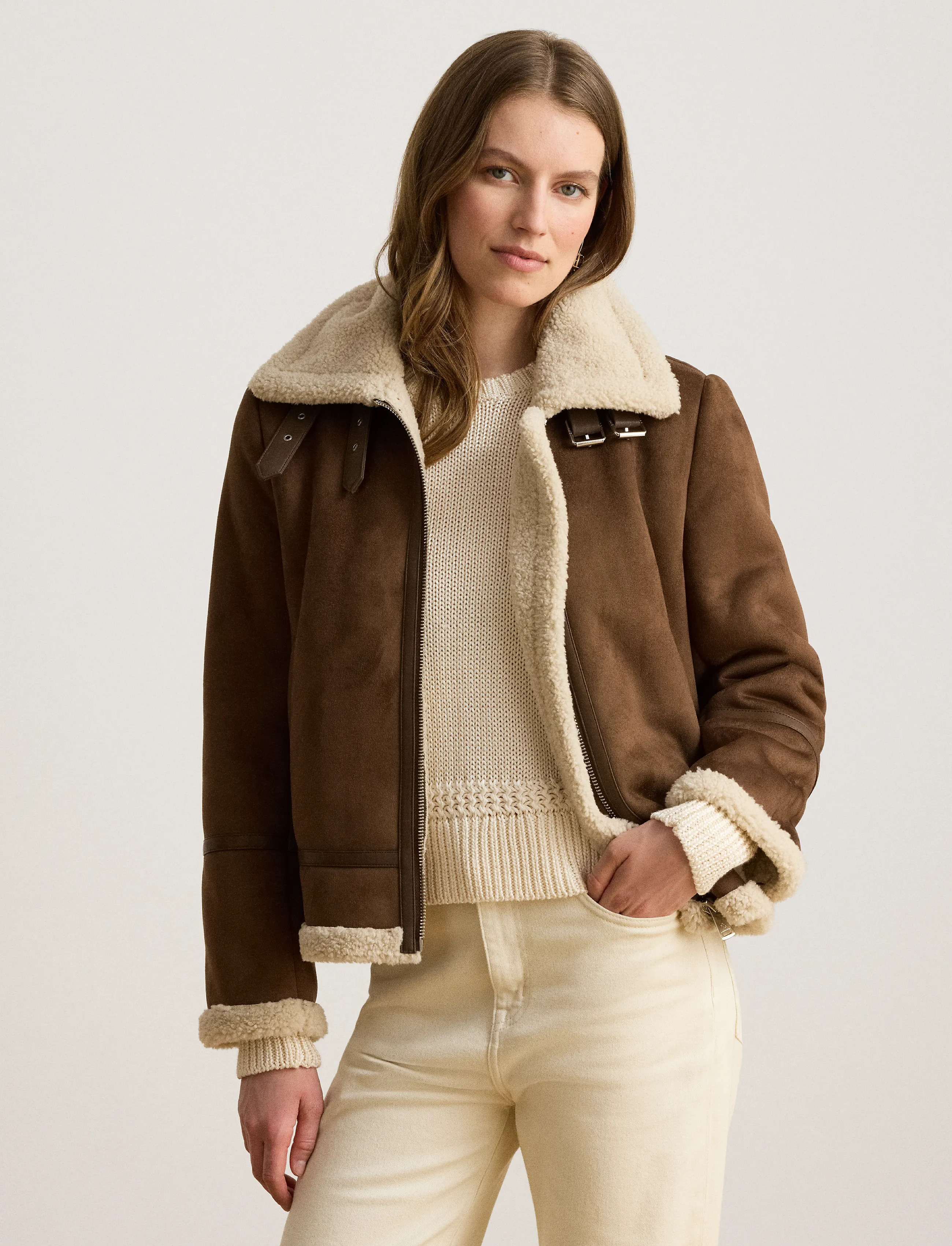 Lauren Ralph Lauren Buckle-Trim Faux-Suede Jacket - Joped - TOBACCO / brown