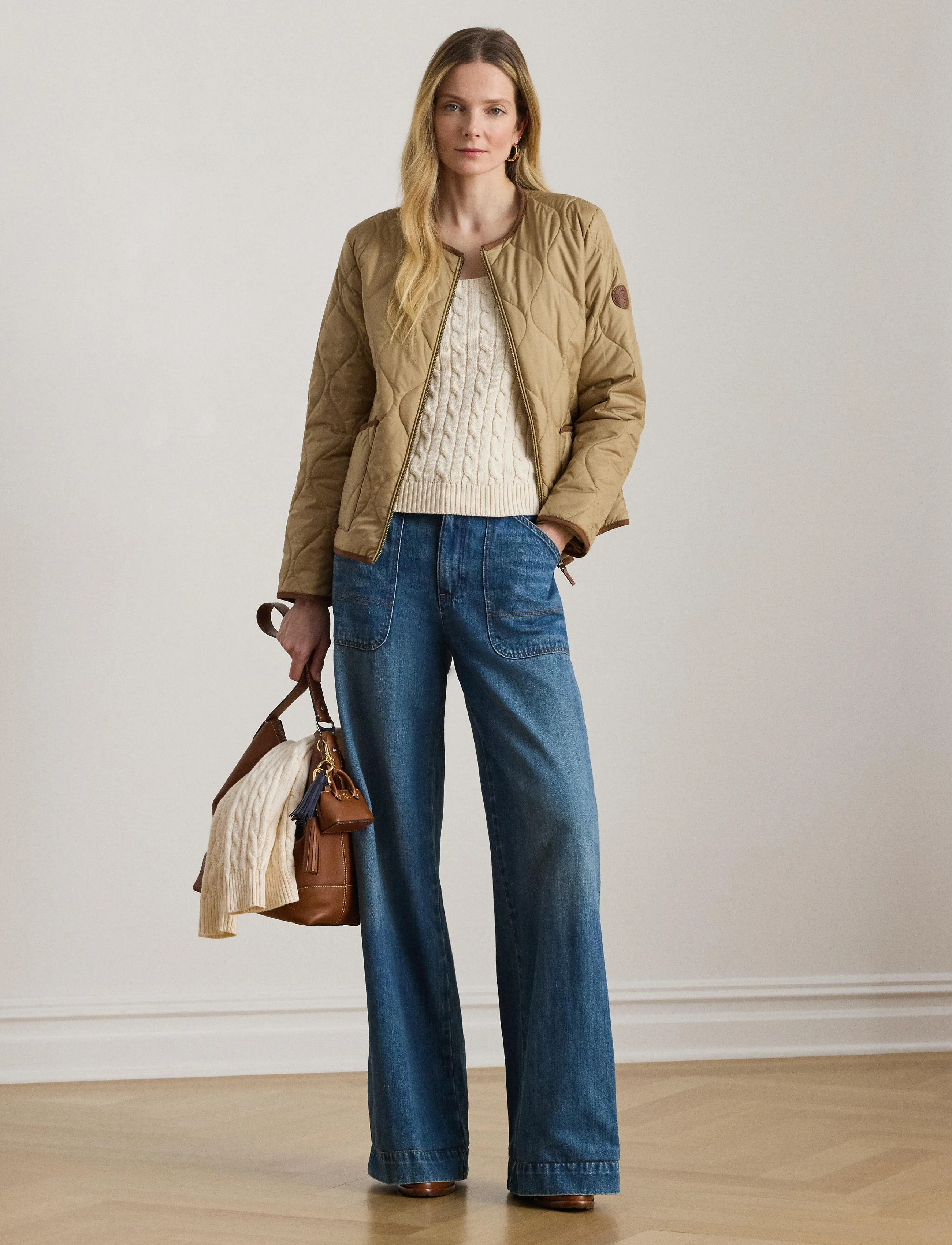 Lauren Ralph Lauren Twill-Trim Onion-Quilted Jacket, S, Beige, Jakker > Quiltede Jakker, Dame