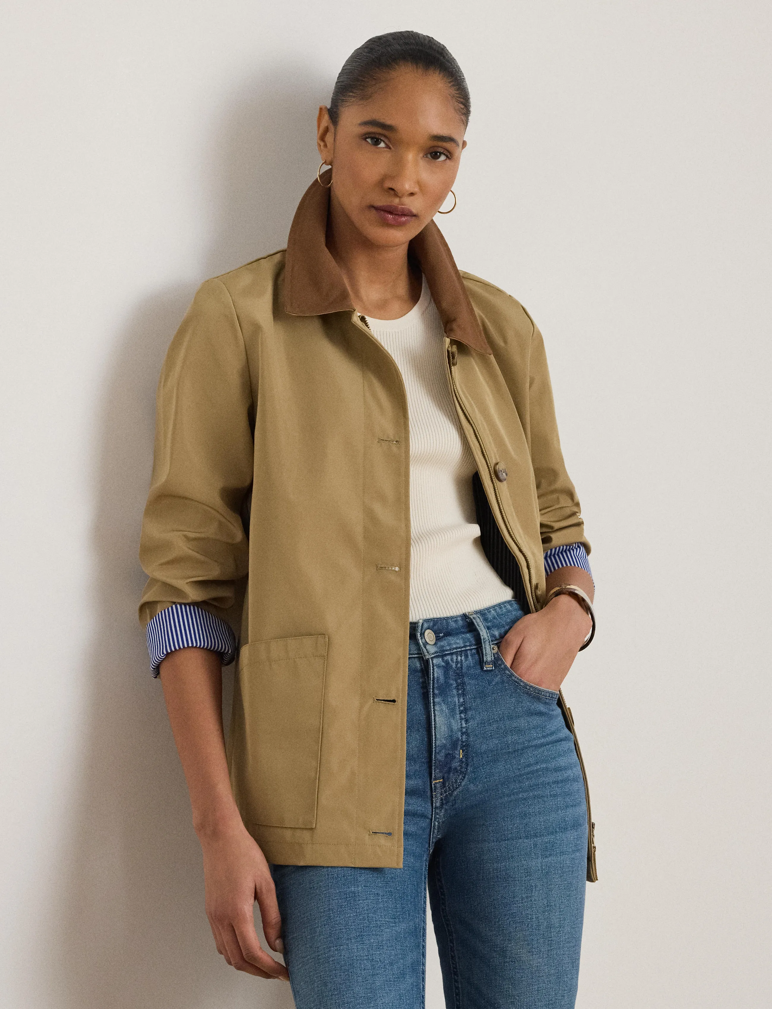 Lauren Ralph Lauren Twill-Trim Bonded Jersey Barn Jacket - Jakker & Frakker - BIRCH TAN / beige
