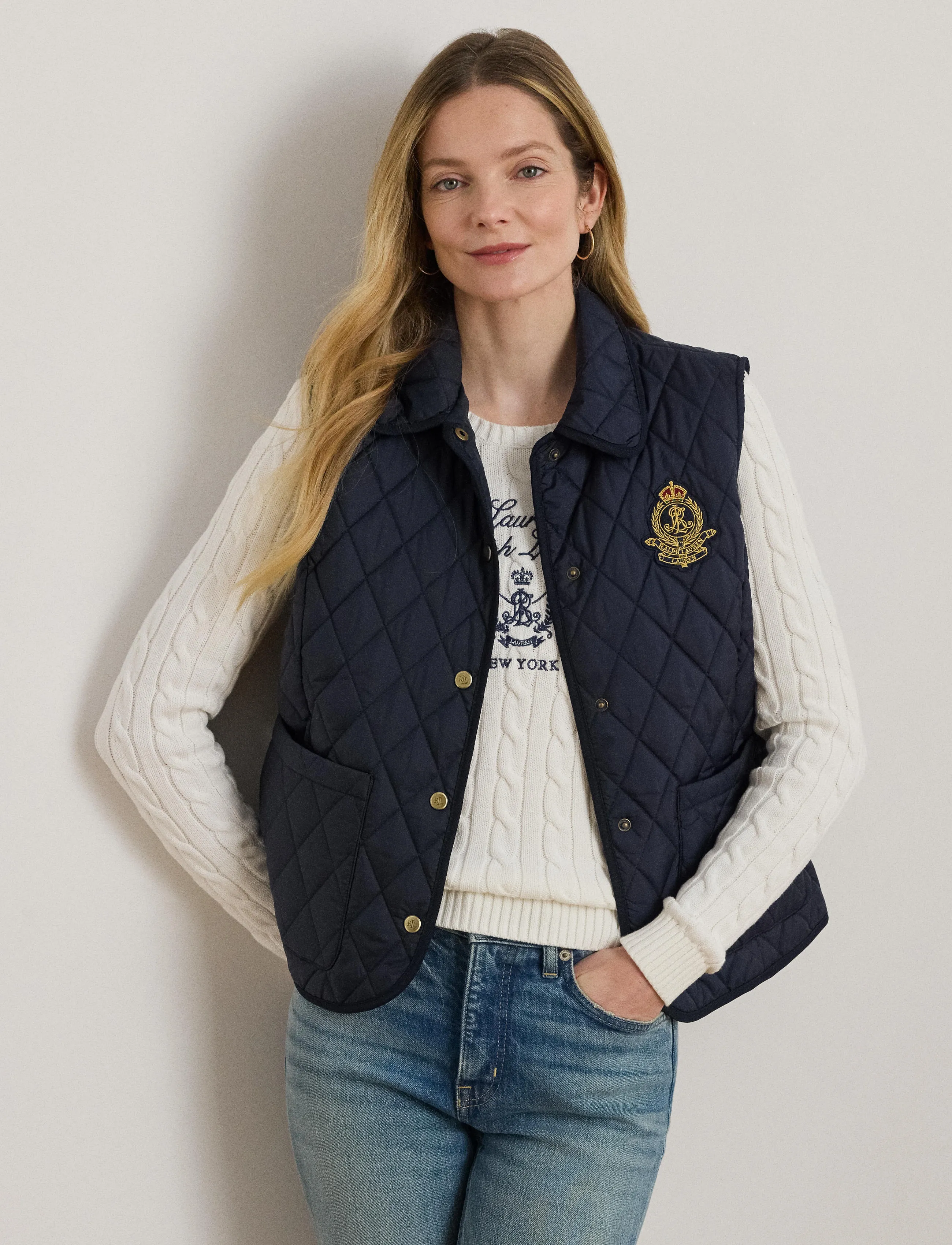 Lauren Ralph Crest-Patch Diamond-Quilted Vest, M, Designer, Marineblau - Padded Westen, Frauen