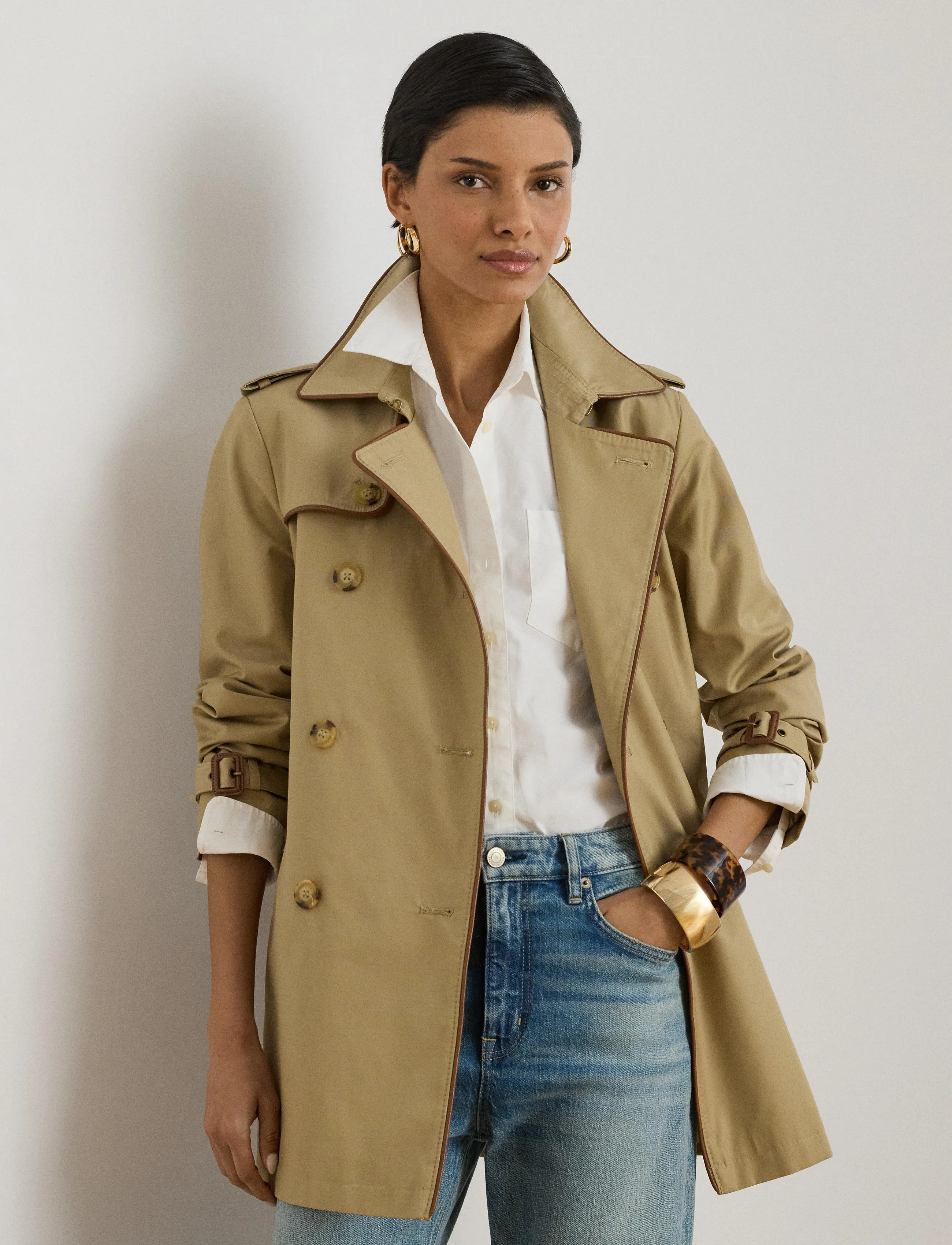Lauren Ralph Lauren Double-Breasted Cotton-Blend Trench Coat - Transitional Layering - BIRCH TAN / beige