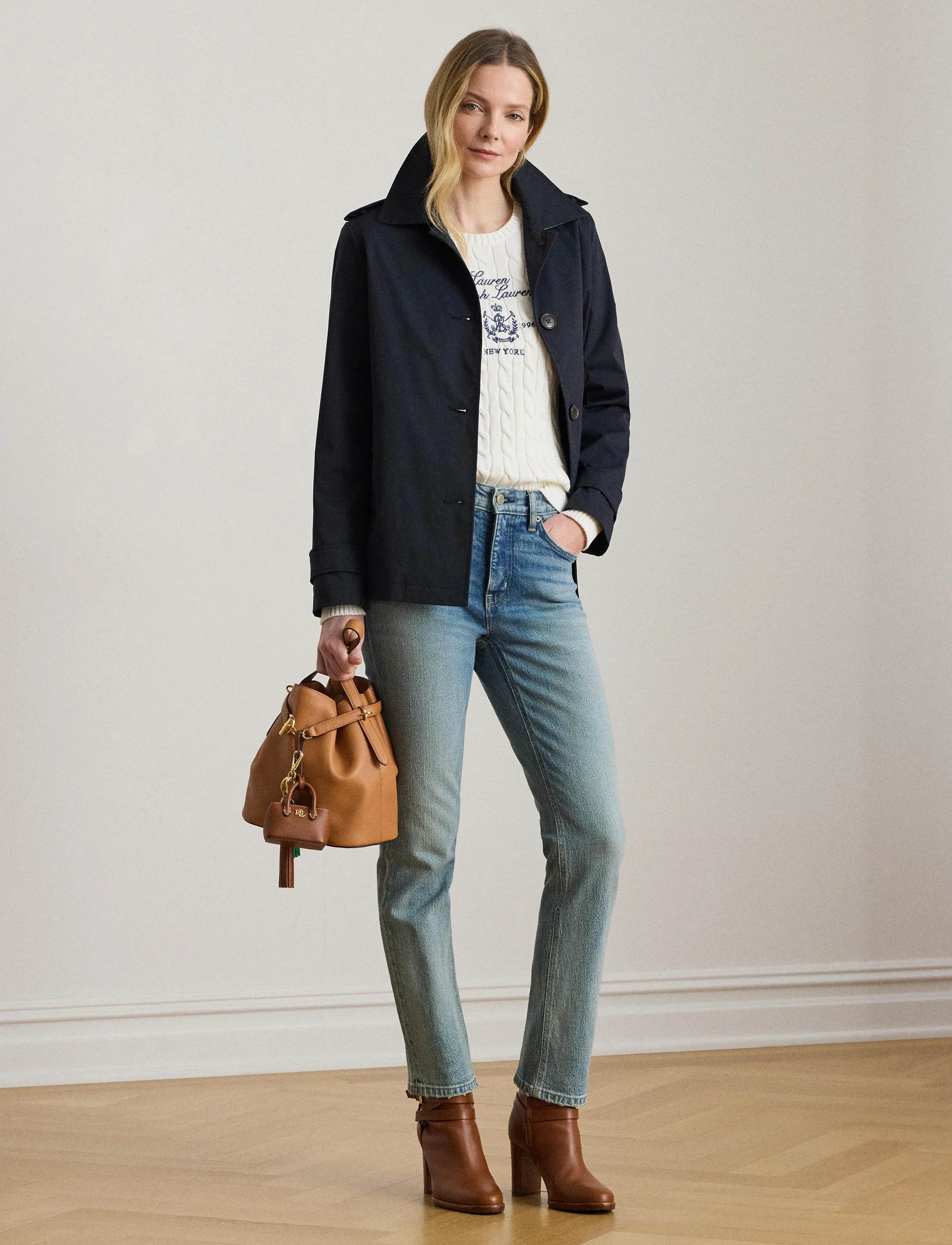 Lauren Ralph Lauren Embroidered-Crest Twill Trench Coat, S, Black, Frakker > Trenchcoats, Dame