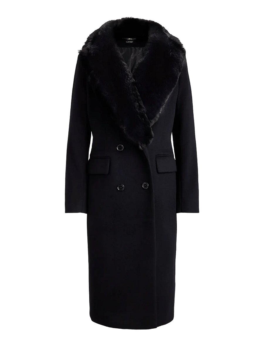 Lauren Ralph Lauren - Faux-Fur-Trim Double-Breasted Coat - mäntel - black - 1