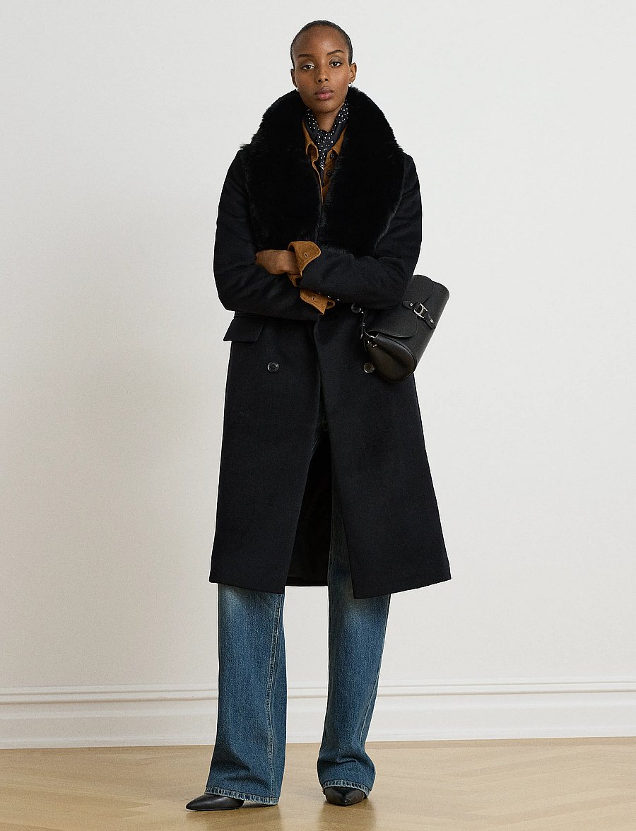 Lauren Ralph Lauren - Faux-Fur-Trim Double-Breasted Coat - mäntel - black - 0