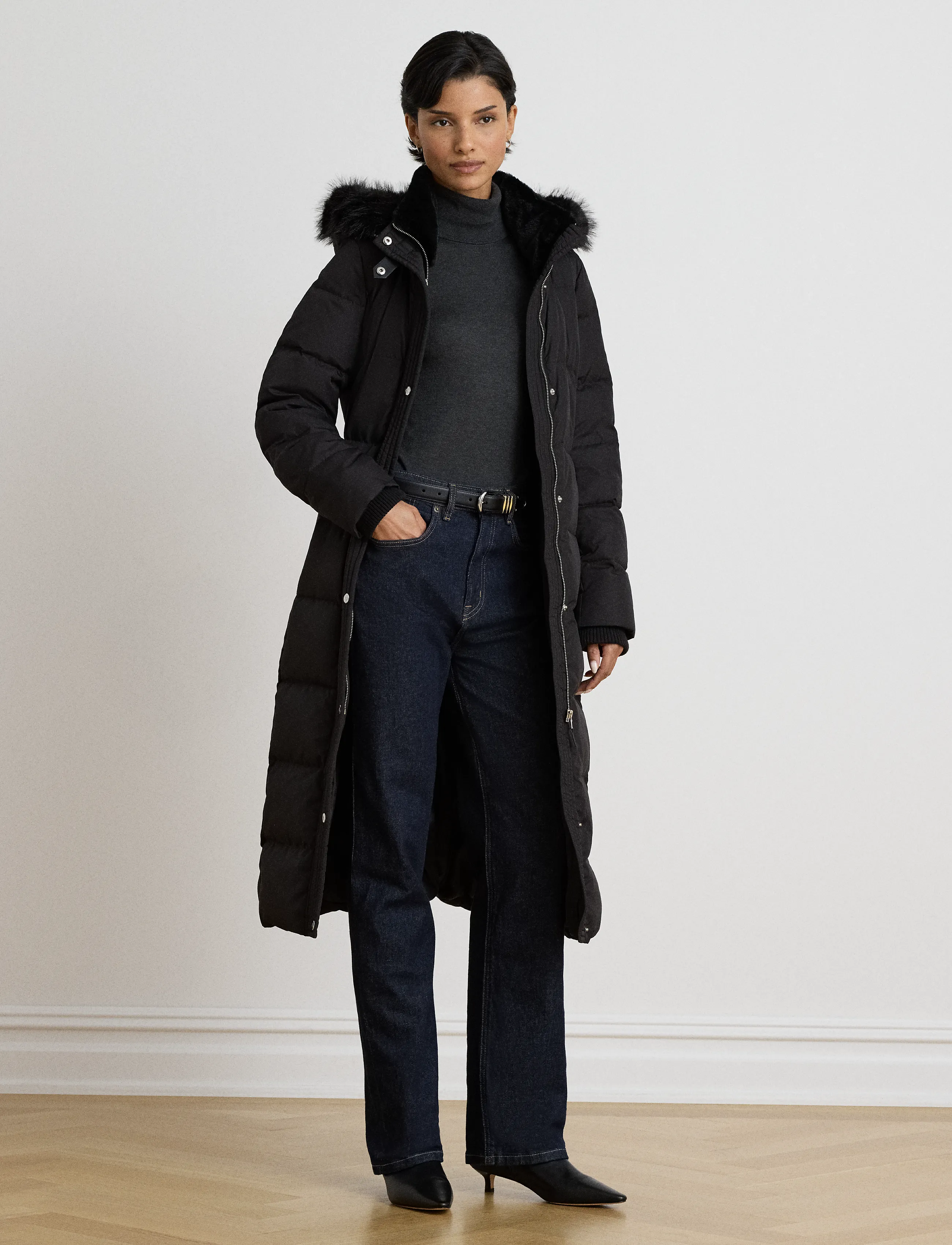 Lauren Ralph Lauren Quiltad kappa med huva och konstpäls - Kläder - BLACK / black