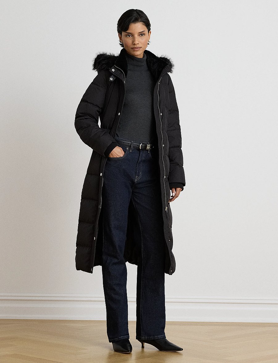 Lauren Ralph Lauren - Quiltad kappa med huva och konstpäls - vinterjackor - black - 1