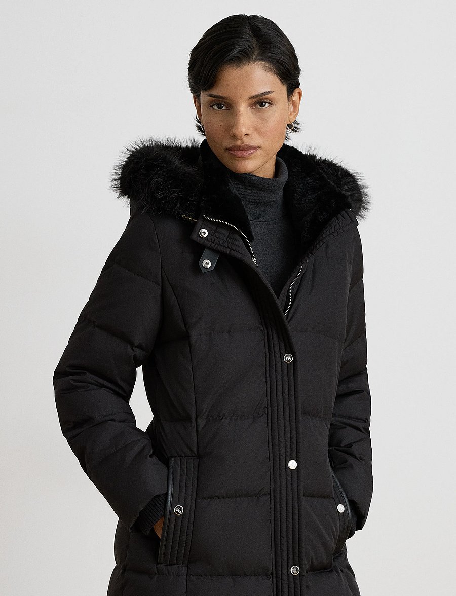 Lauren Ralph Lauren - Quiltad kappa med huva och konstpäls - vinterjackor - black - 5