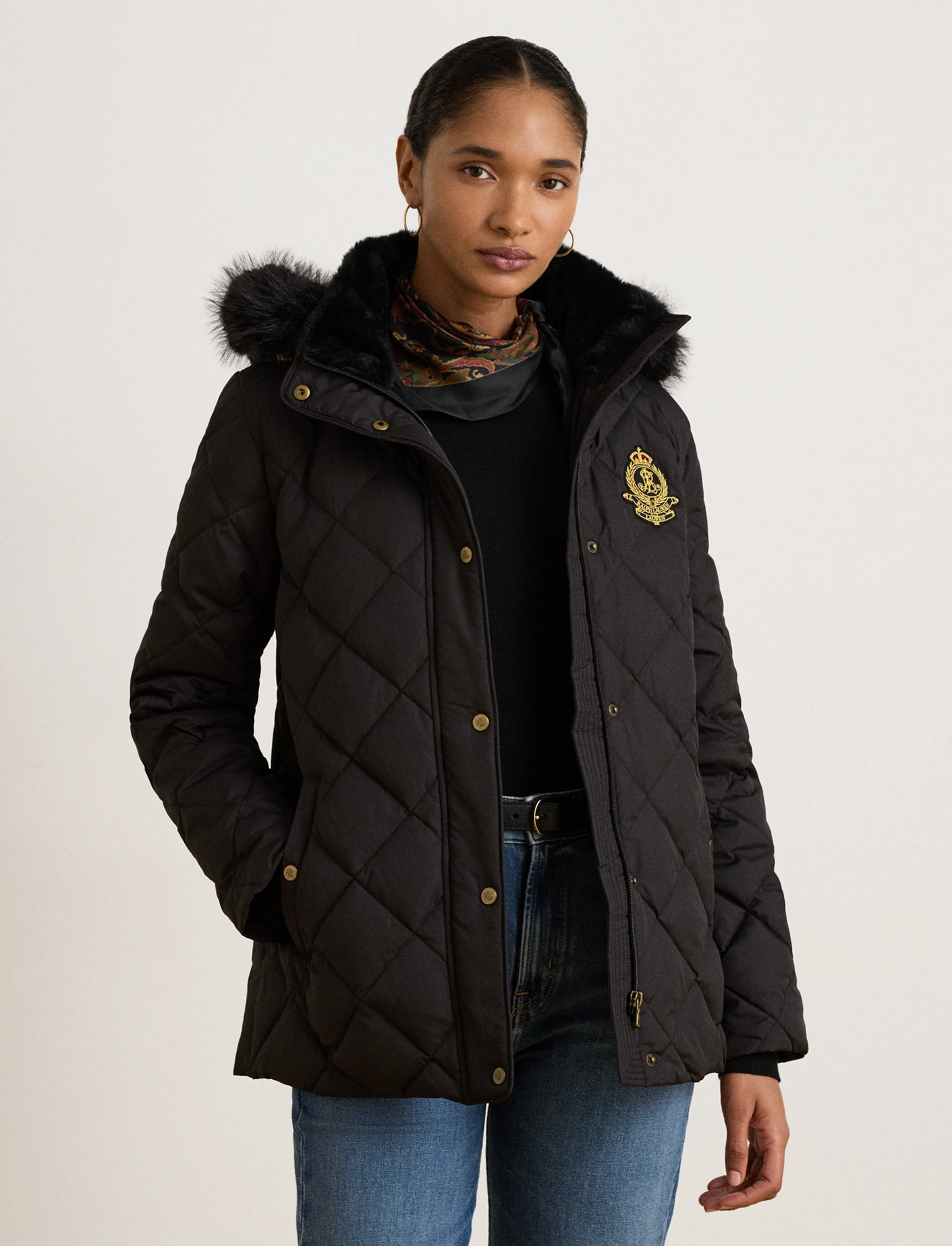 Lauren Ralph Lauren Crest-Patch Quilted Hooded Down Coat - Ralph Lauren - BLACK / black