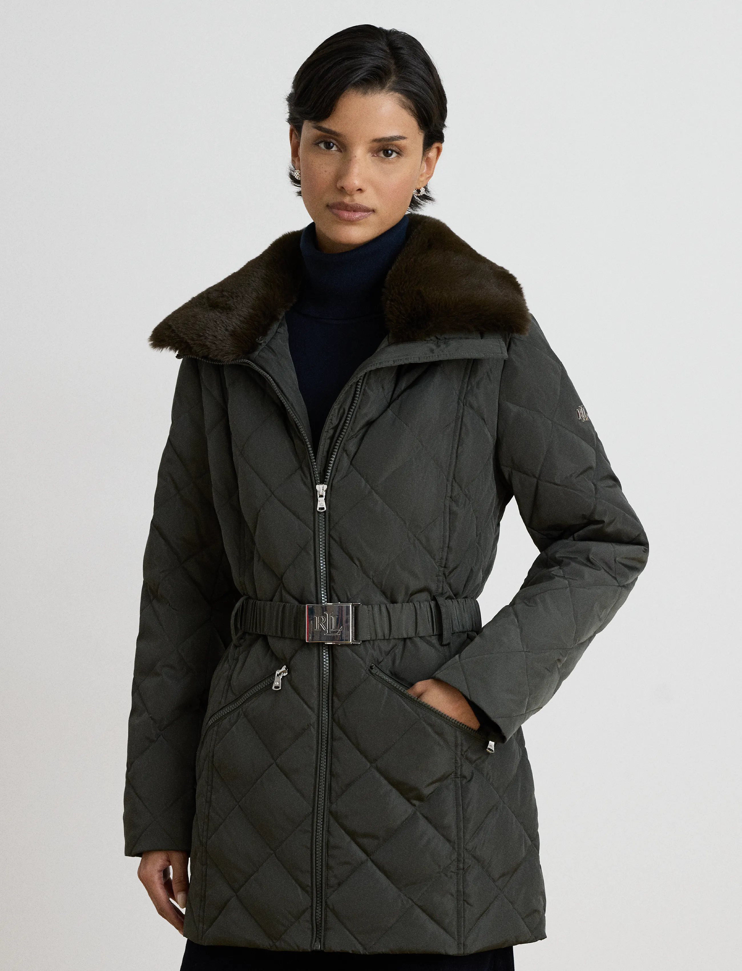 Lauren Ralph Lauren Rombquiltad dunkappa med pälsimitation - Kläder - DARK MOSS / khaki/green