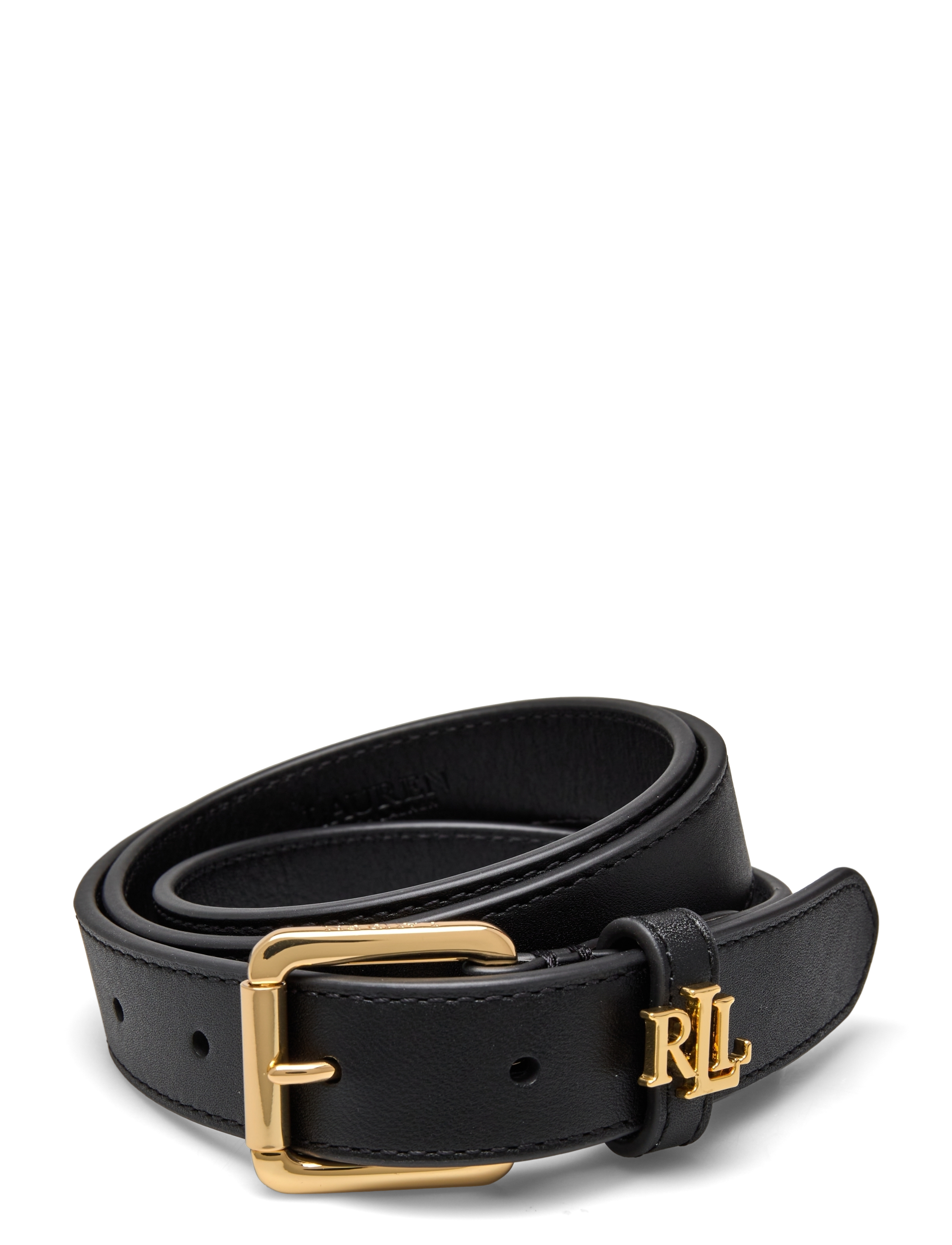 Lauren Ralph Lauren Logo-Keeper Leather Skinny Belt, Kvinder, Logo Bælte, Sort, Str: XL