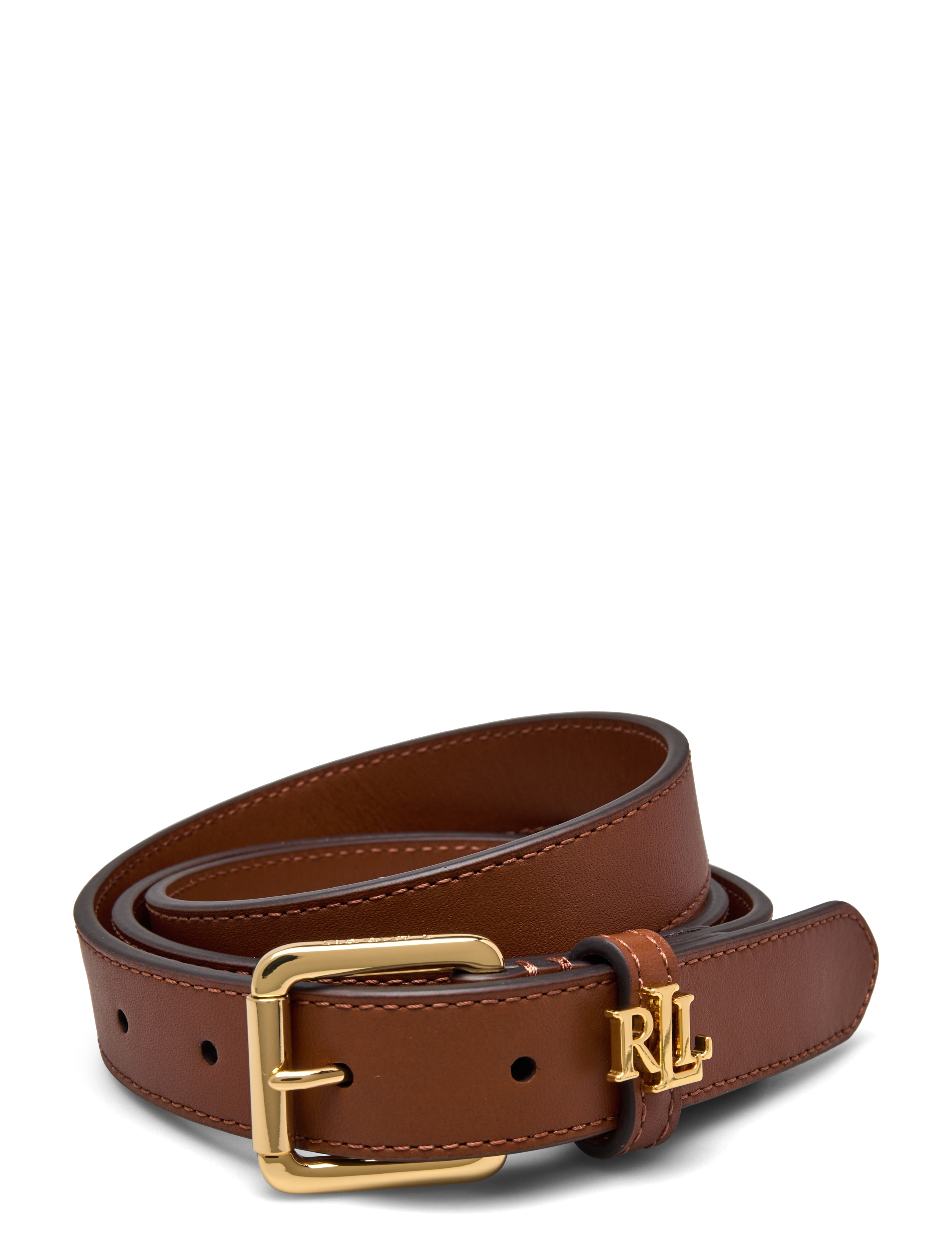 Lauren Ralph Lauren Logo-Keeper Leather Skinny Belt, Kvinder, Logo Bælte, Brun, Str: L