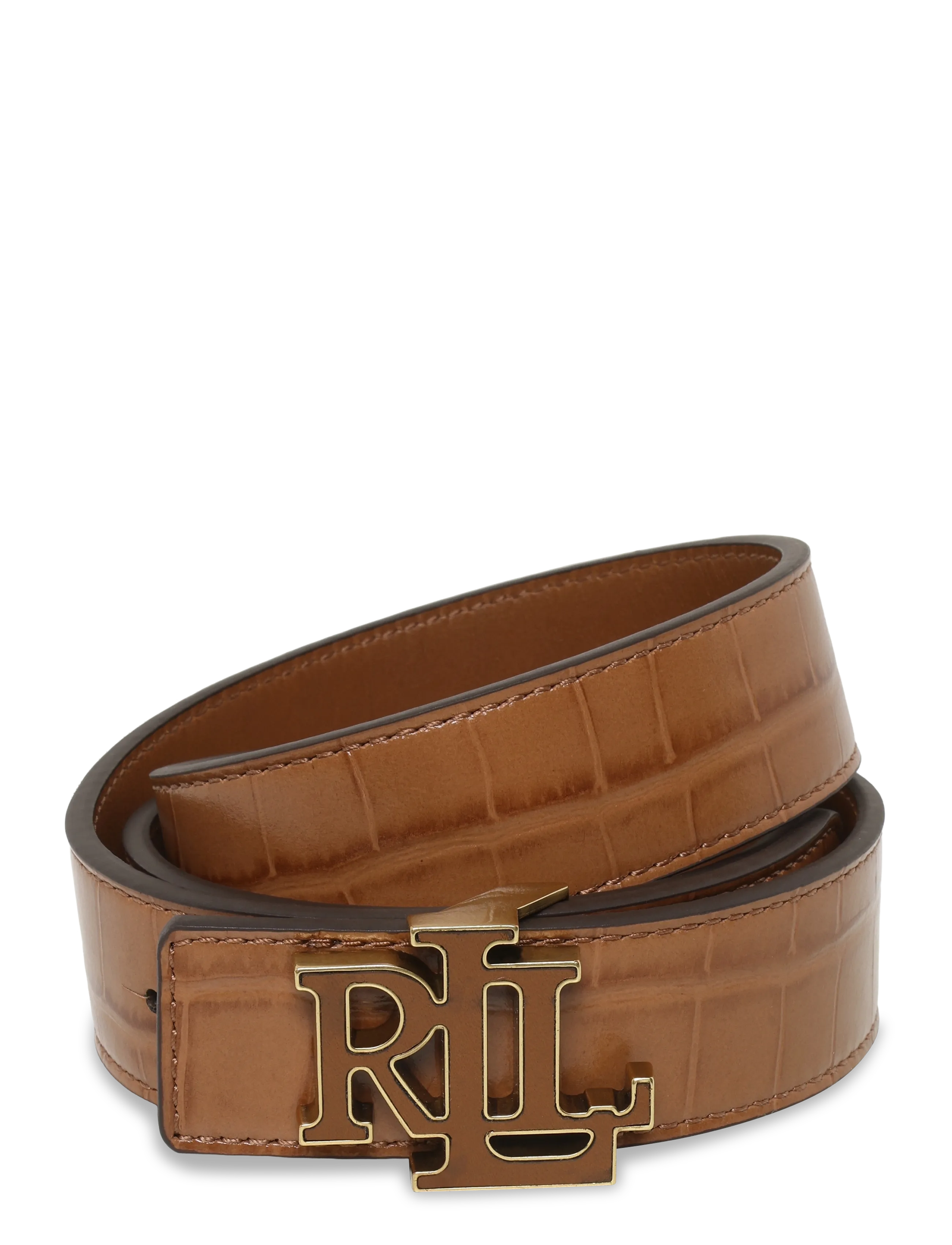 Lauren Ralph Lauren Logo Reversible Croc-Embossed Belt, Kvinder, Reversibelt Krokodillepræget Logo Bælte, Brun, Str: L