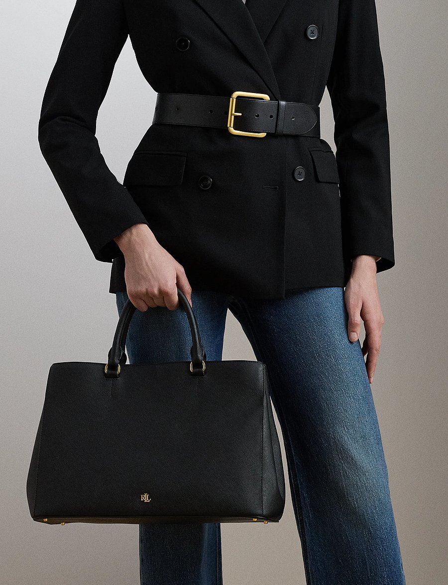 Lauren Ralph Lauren - Crosshatch Leather Large Hanna Satchel - everyday style - black - 0