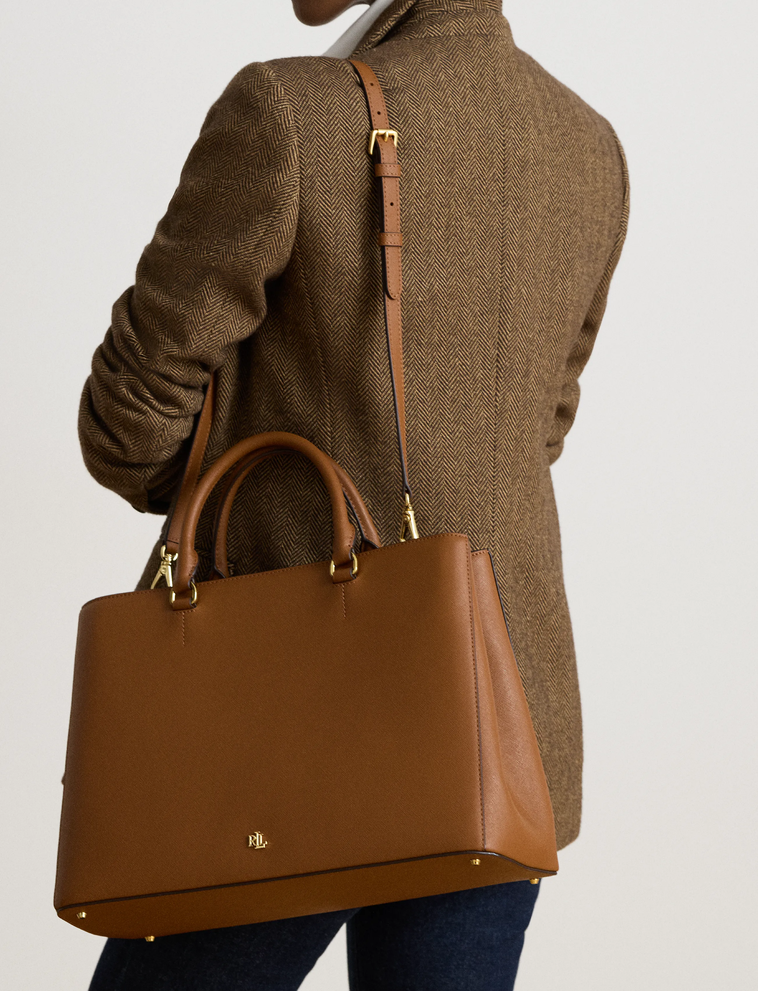 Lauren Ralph Lauren Crosshatch Leather Large Hanna Satchel - Ralph Lauren - LAUREN TAN / brown