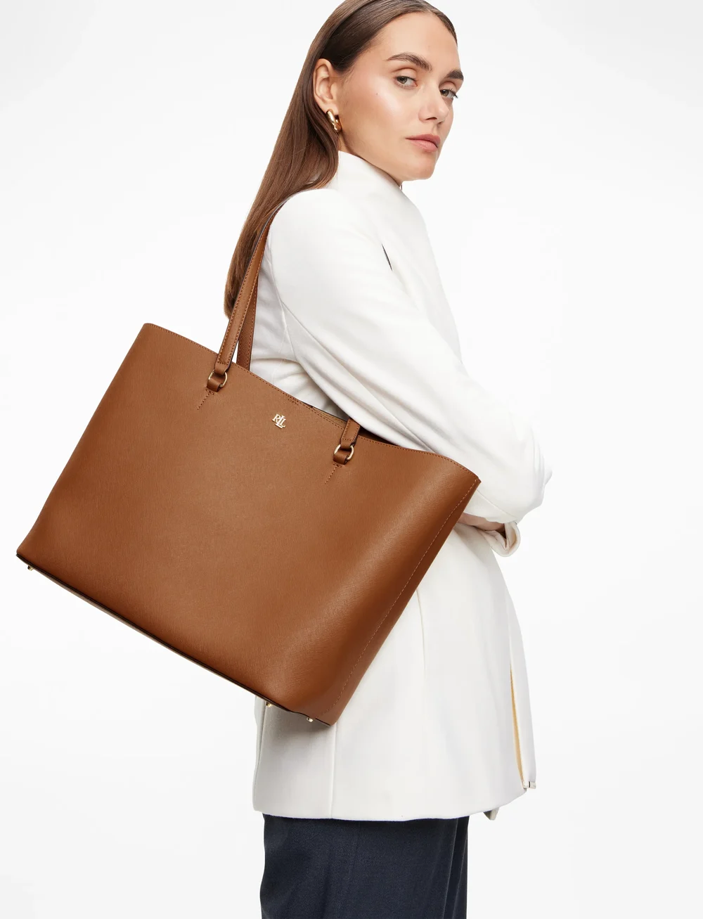 Lauren Ralph Lauren - Crosshatch Leather Large Karly Tote - tote bags - lauren tan - 0