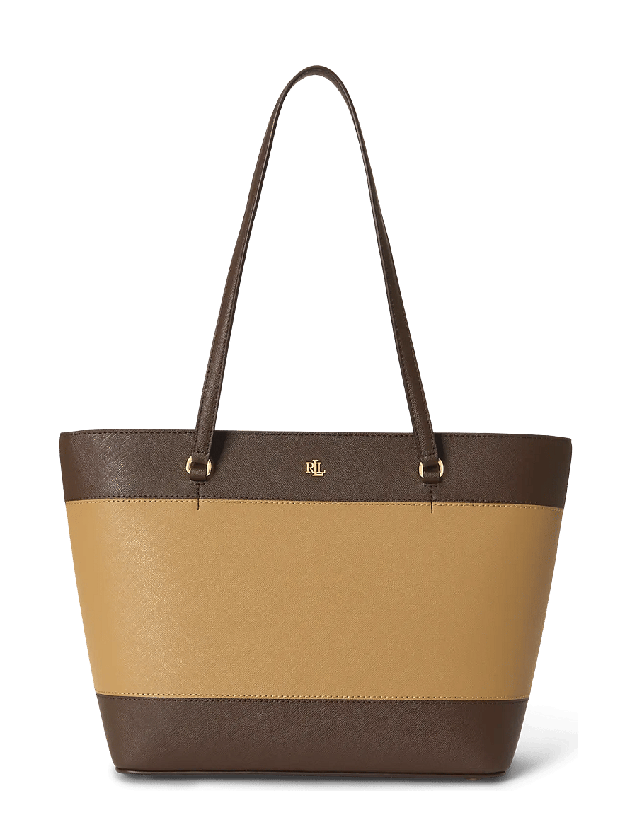 Lauren Ralph Lauren - Striped Leather Medium Karly Tote Bag - tote bags - camel/chestnut br - 0