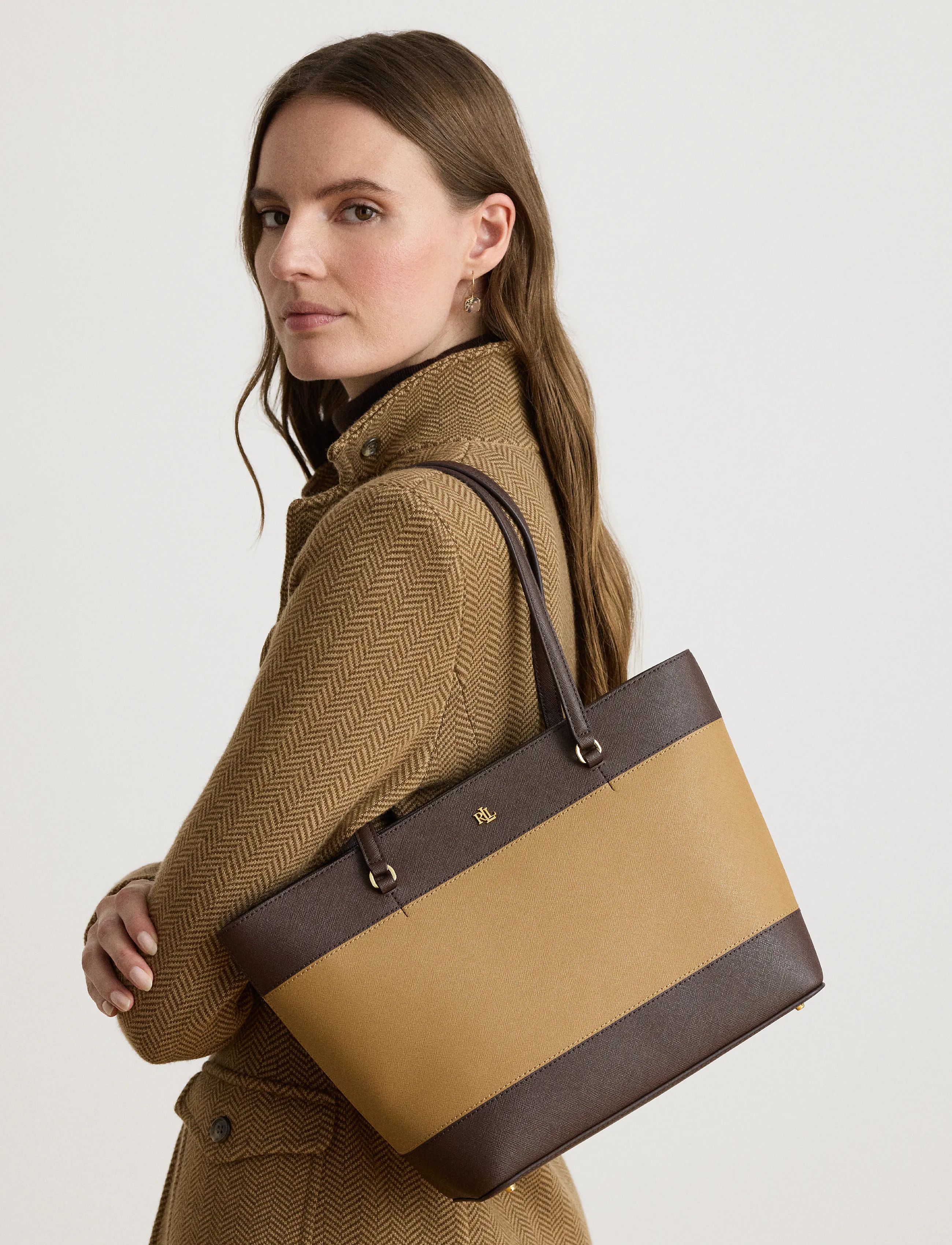 Lauren Ralph Lauren - Striped Leather Medium Karly Tote Bag - tote bags - camel/chestnut br - 3