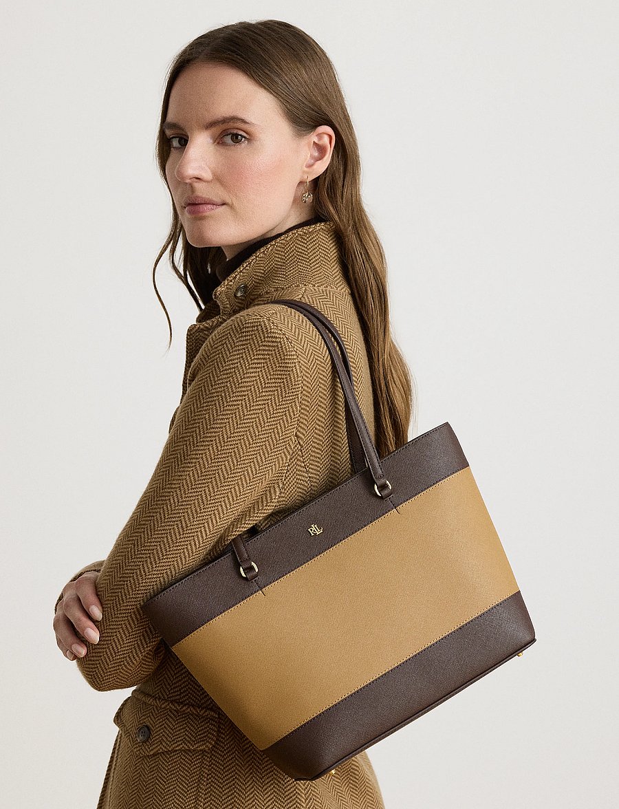 Lauren Ralph Lauren - Striped Leather Medium Karly Tote Bag - tote bags - camel/chestnut br - 3
