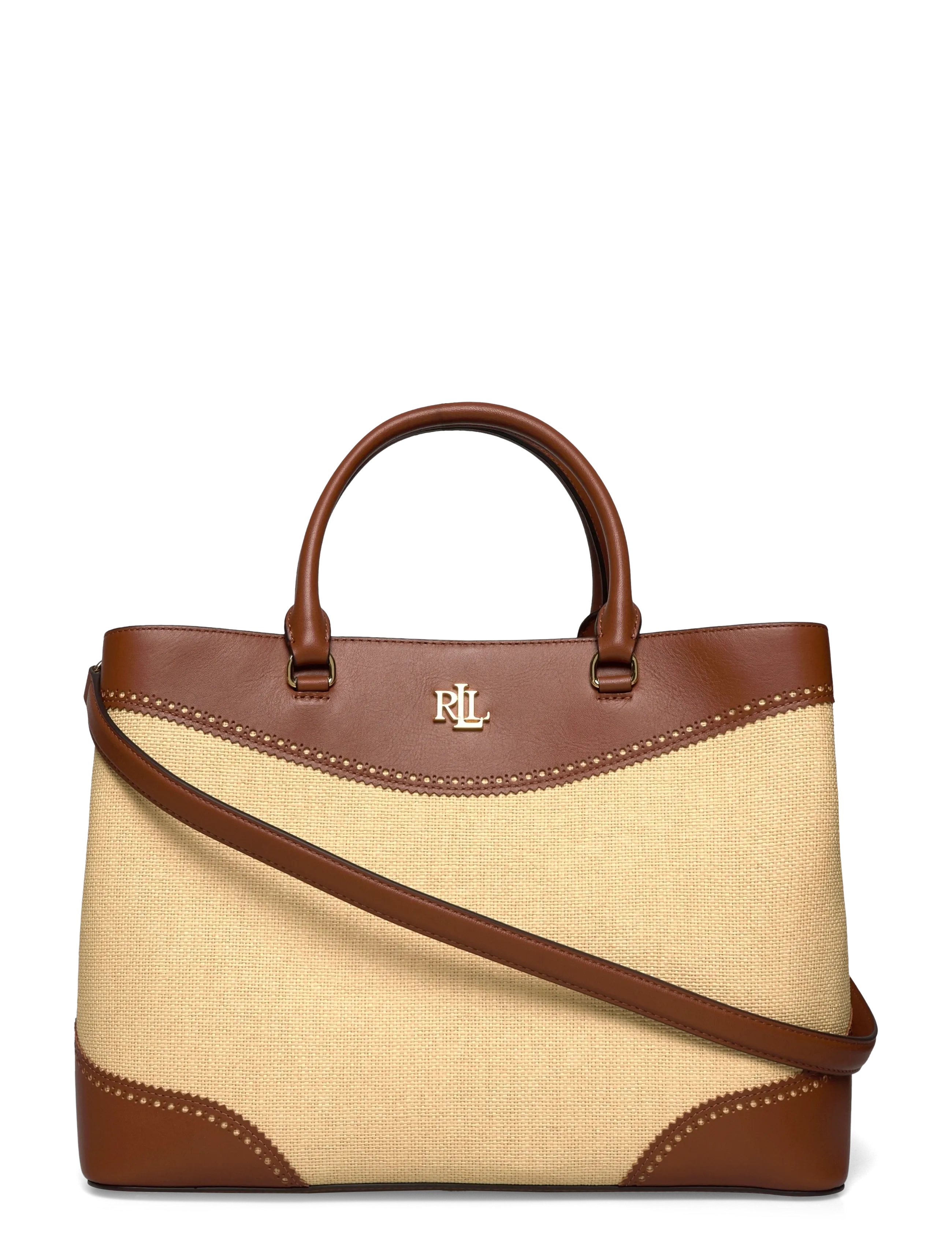 Lauren Ralph Lauren Straw & Leather Large Marcy Satchel -  - DARK NATURAL/LAUR / beige