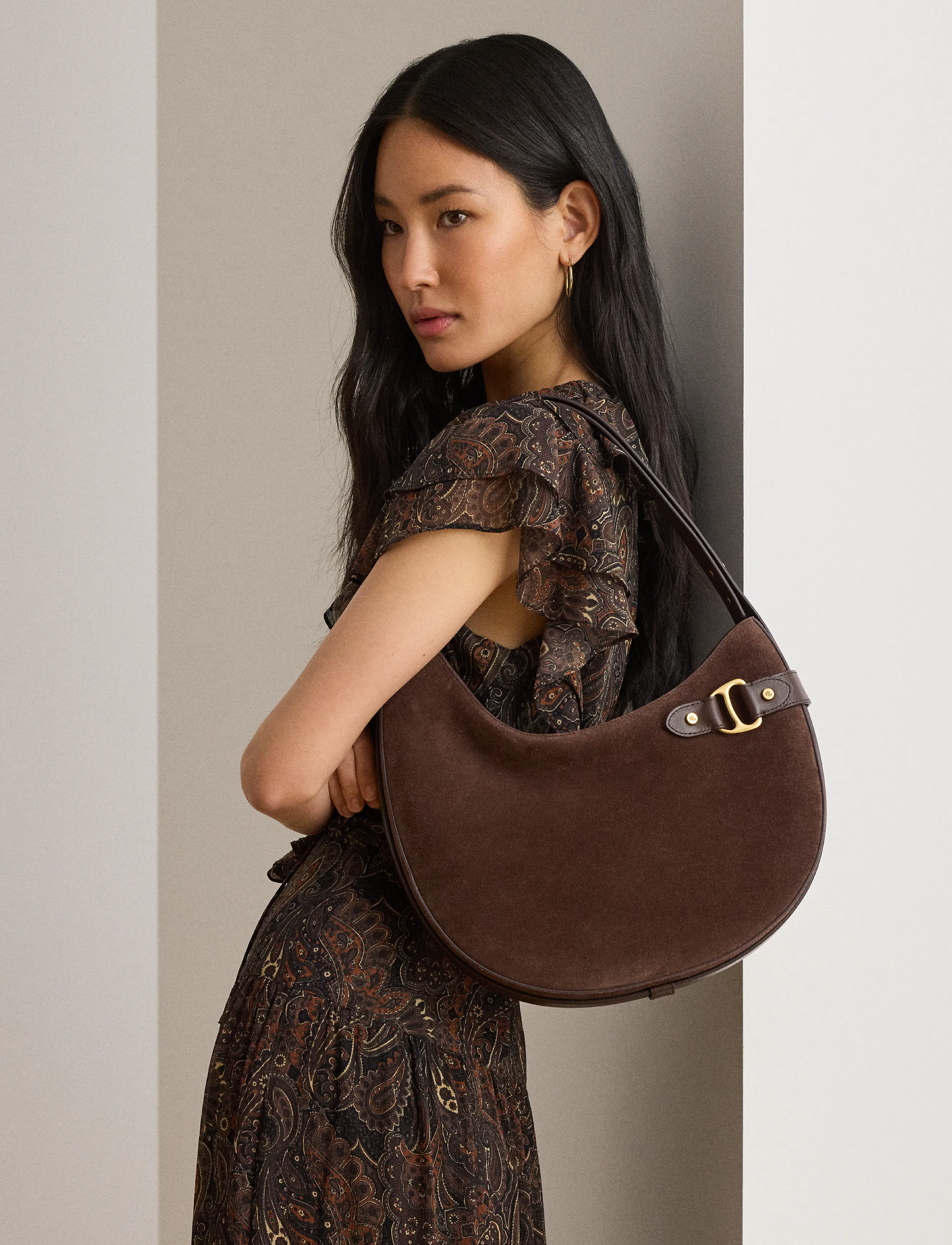 Lauren Ralph Lauren - Suede Large Tasha Shoulder Bag - everyday style - chestnut brown - 4