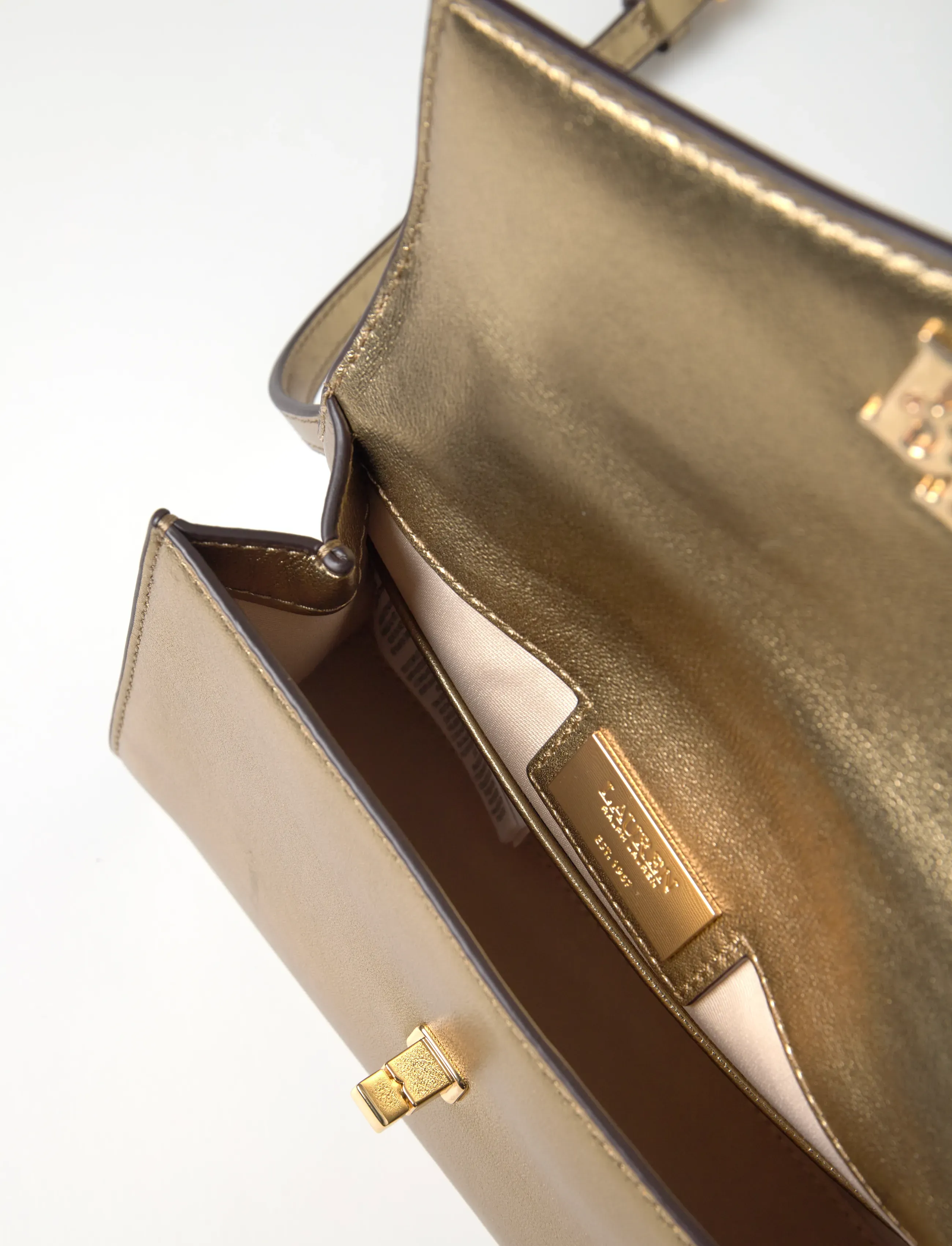 Lauren Ralph Lauren - Metallic Leather Small Farrah Satchel - antique gold - 5