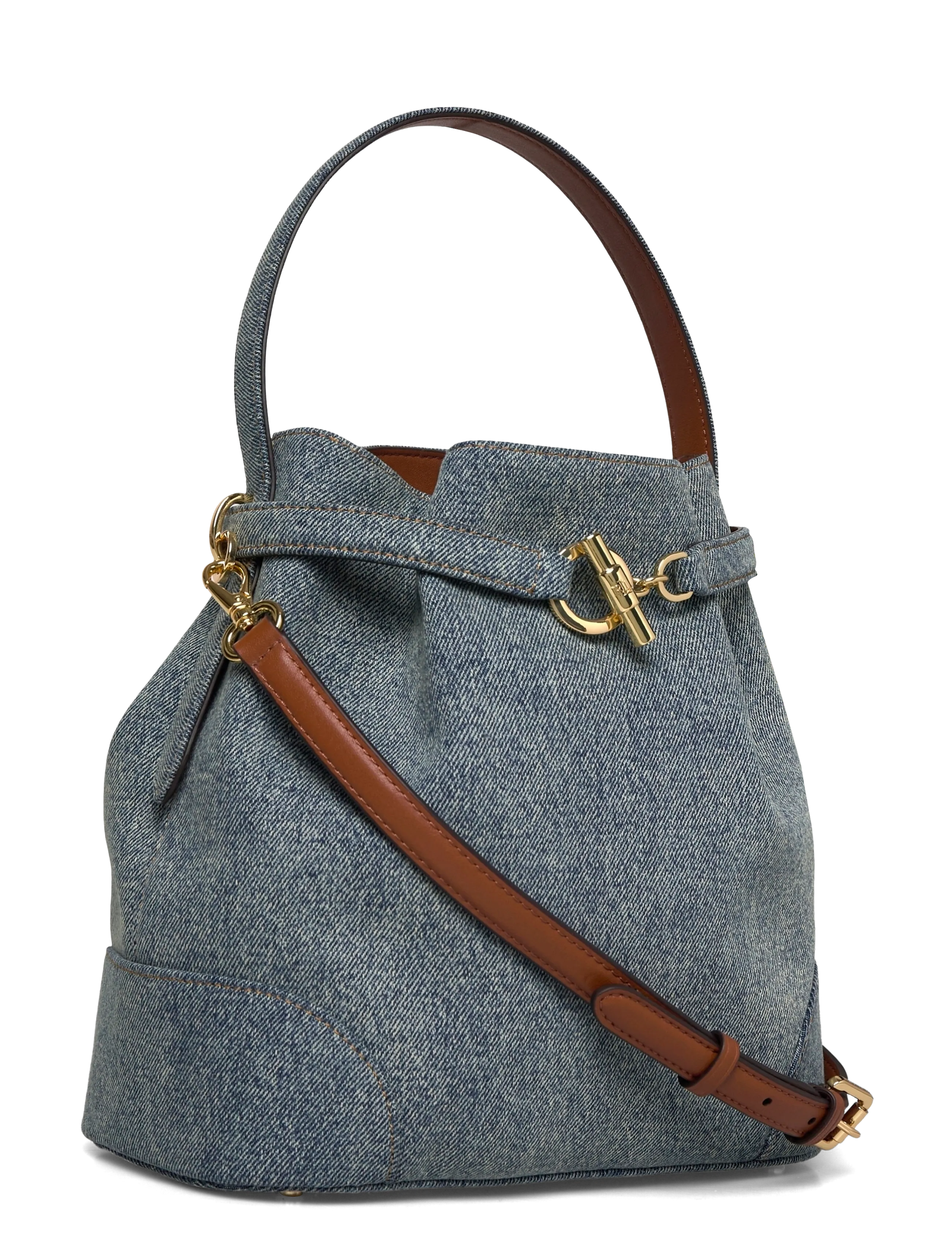 Lauren Ralph Lauren - Washed Denim Medium Blaike Bucket Bag - crossbody bags - blue/lauren tan - 2