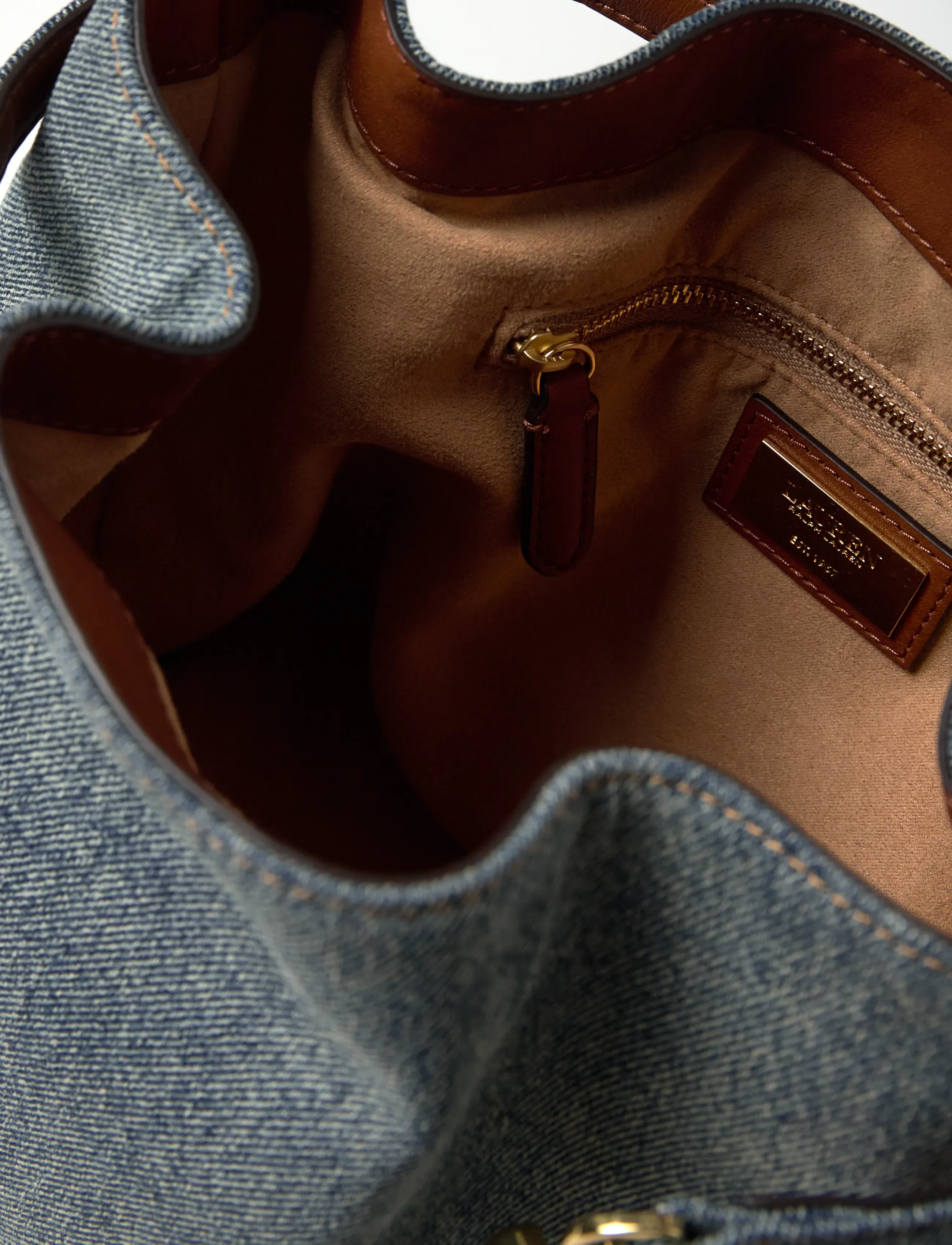 Lauren Ralph Lauren - Washed Denim Medium Blaike Bucket Bag - crossbody bags - blue/lauren tan - 5