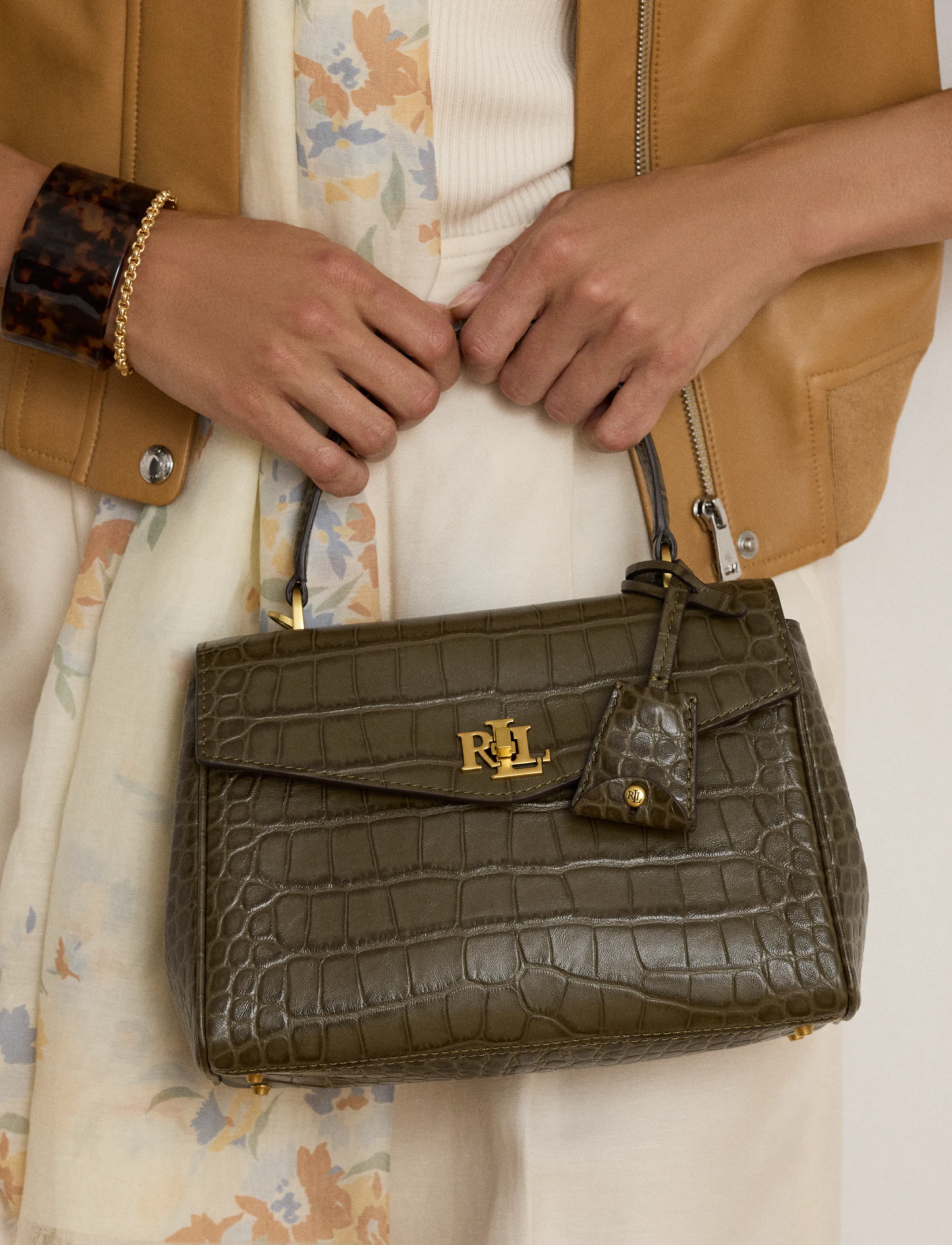 Lauren Ralph Lauren - Croc-Embossed Small Farrah Soft Satchel - crossbody bags - botanic green - 4