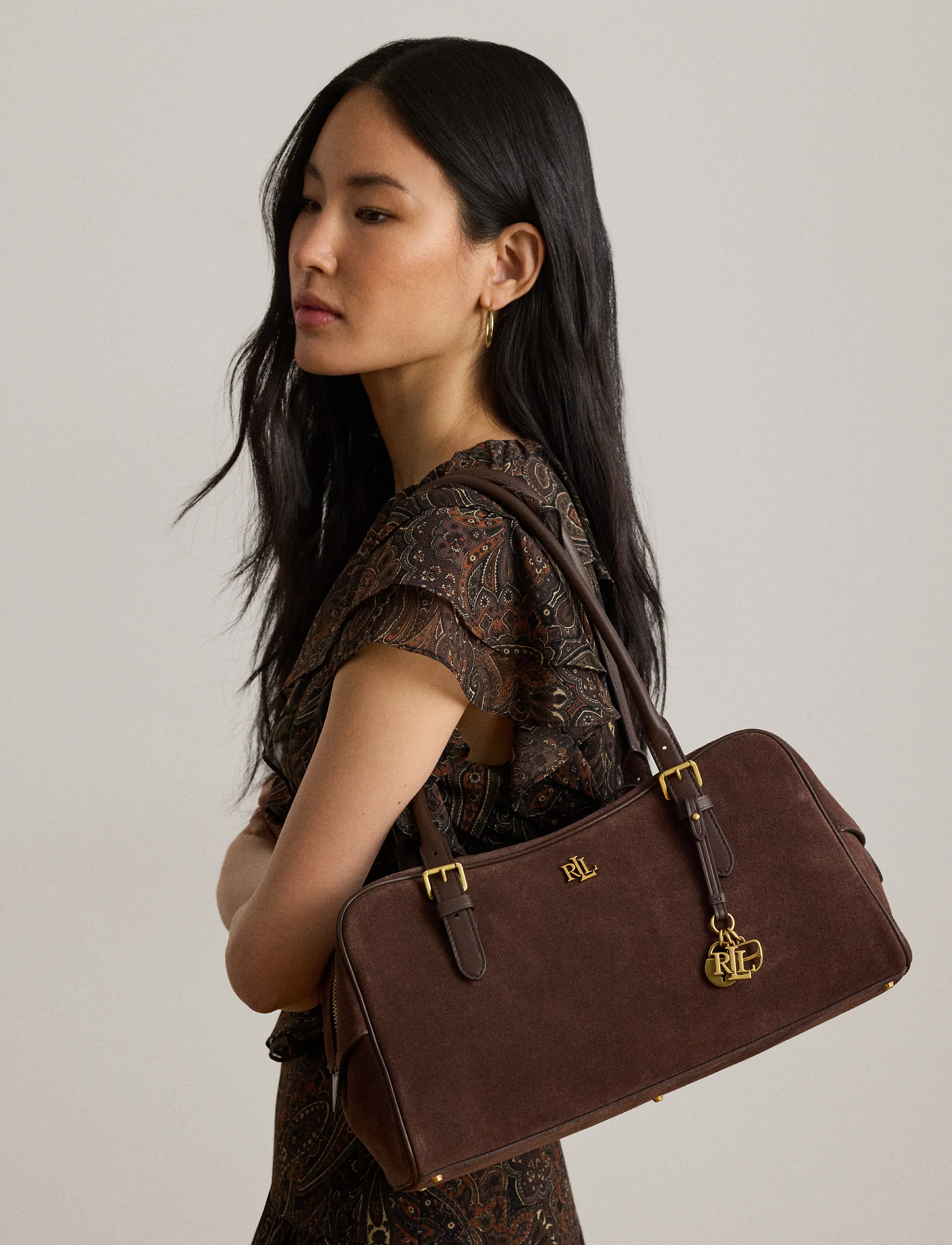 Lauren Ralph Lauren - Suede Large Marcy Zip Satchel - skuldertasker - chestnut brown/ch - 4