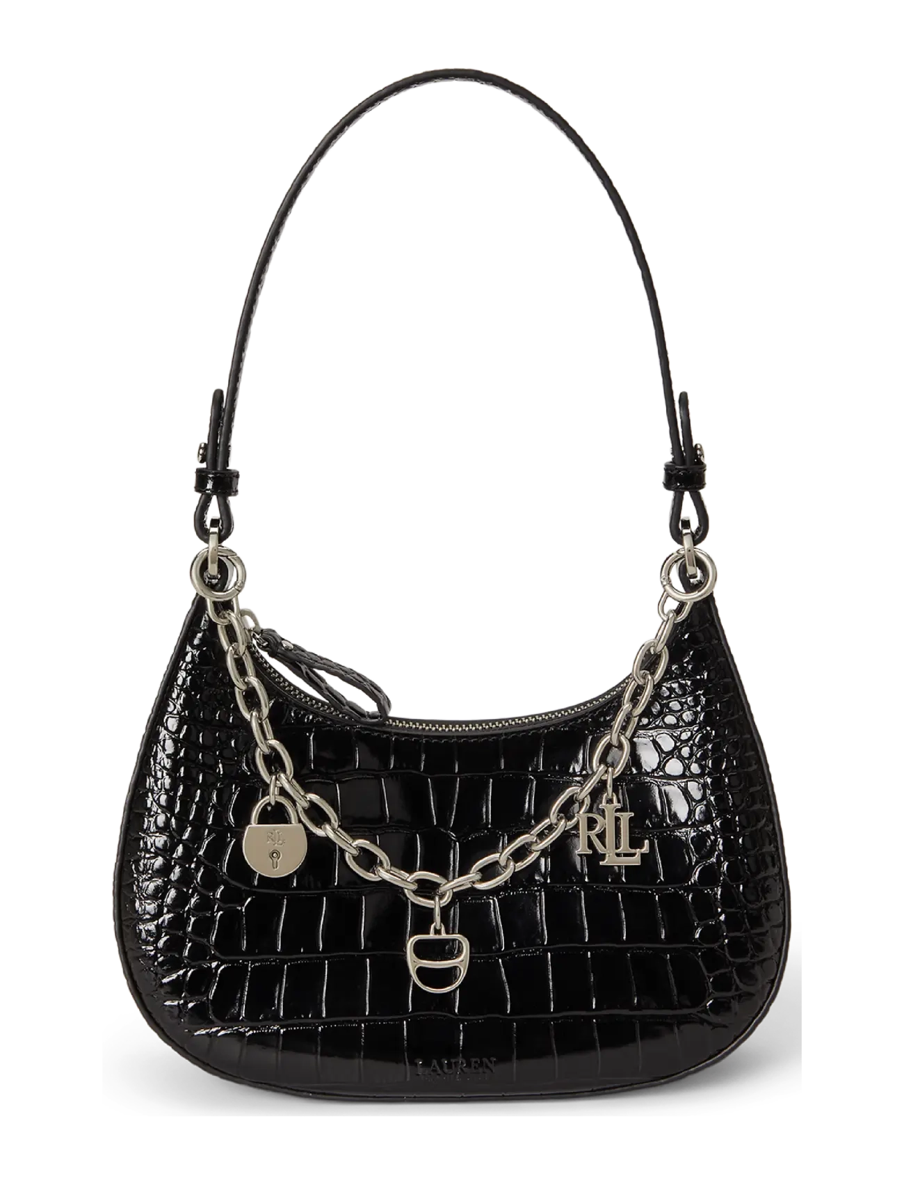 Lauren Ralph Lauren Embossed Medium Marcy Zip Shoulder Bag - Väskor - BLACK / black